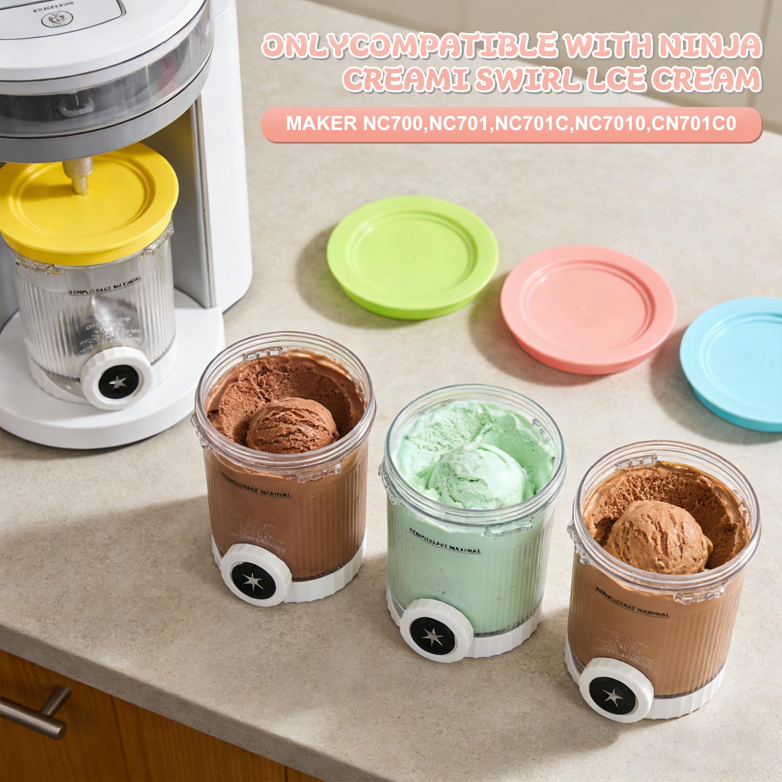 Pojemniki do Ninja Creami Swirl Pints i różnokolorowe pokrywki, zgodne z pojemnikami na lód NC700 701 NC701Q CN701CO Ninja Creami Swirl Pints, bez BPA i nadające się do mycia w zmywarce (4 SZT-A)