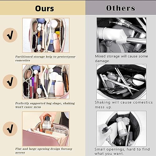 Miniatura 4 de Bolsa de cosméticos, bolsa de maquillaje de piel sintética de gran capacidad con asa y divisores para mujeres, bolsa de maquillaje portátil