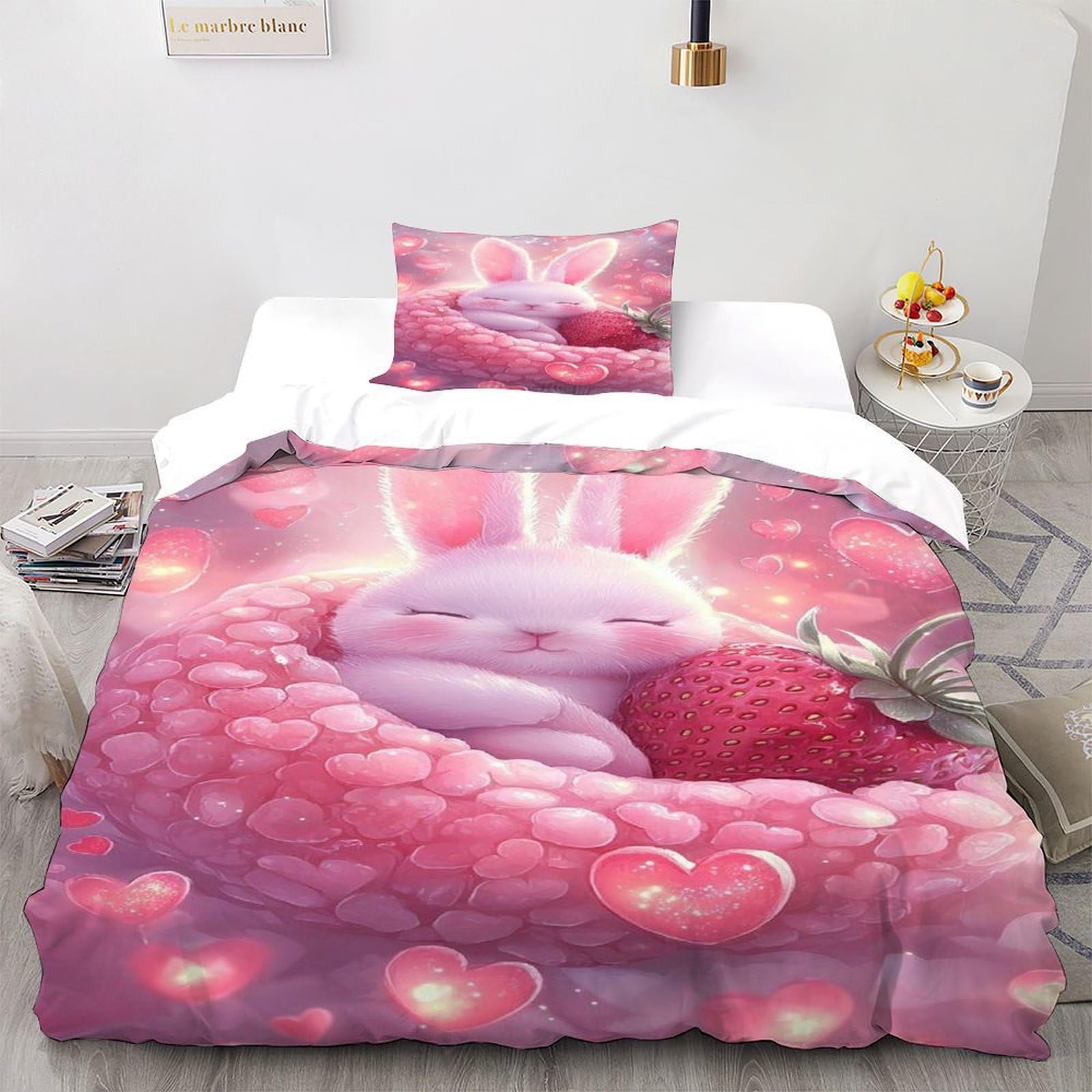 Bunny Strawberry Bedding Set Theme Bedspread Animal Themes Wildlife Duvet Cover Set Chic Breathable Quilt Cover Universal for All Seasons with Pillow Single（135x200cm）
