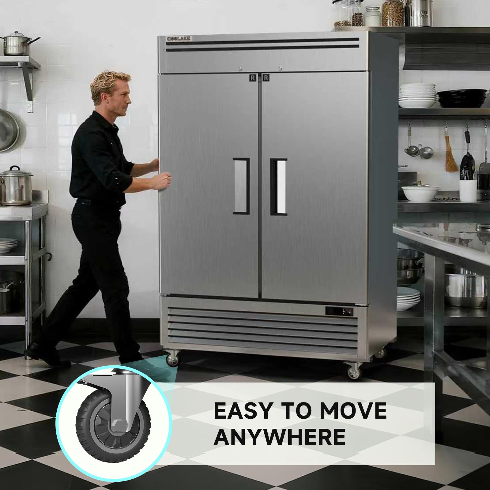 Coolake 54.4" W Commercial Refrigerator, 49 Cu Ft 2 Door Upright Refrigerator With 8 Adjustable Shelves, Frost-Free Stainless Steel Industrial Reach-In Fridge For School Restaurant Café Prep Kitchen on Fridge.com - View 4