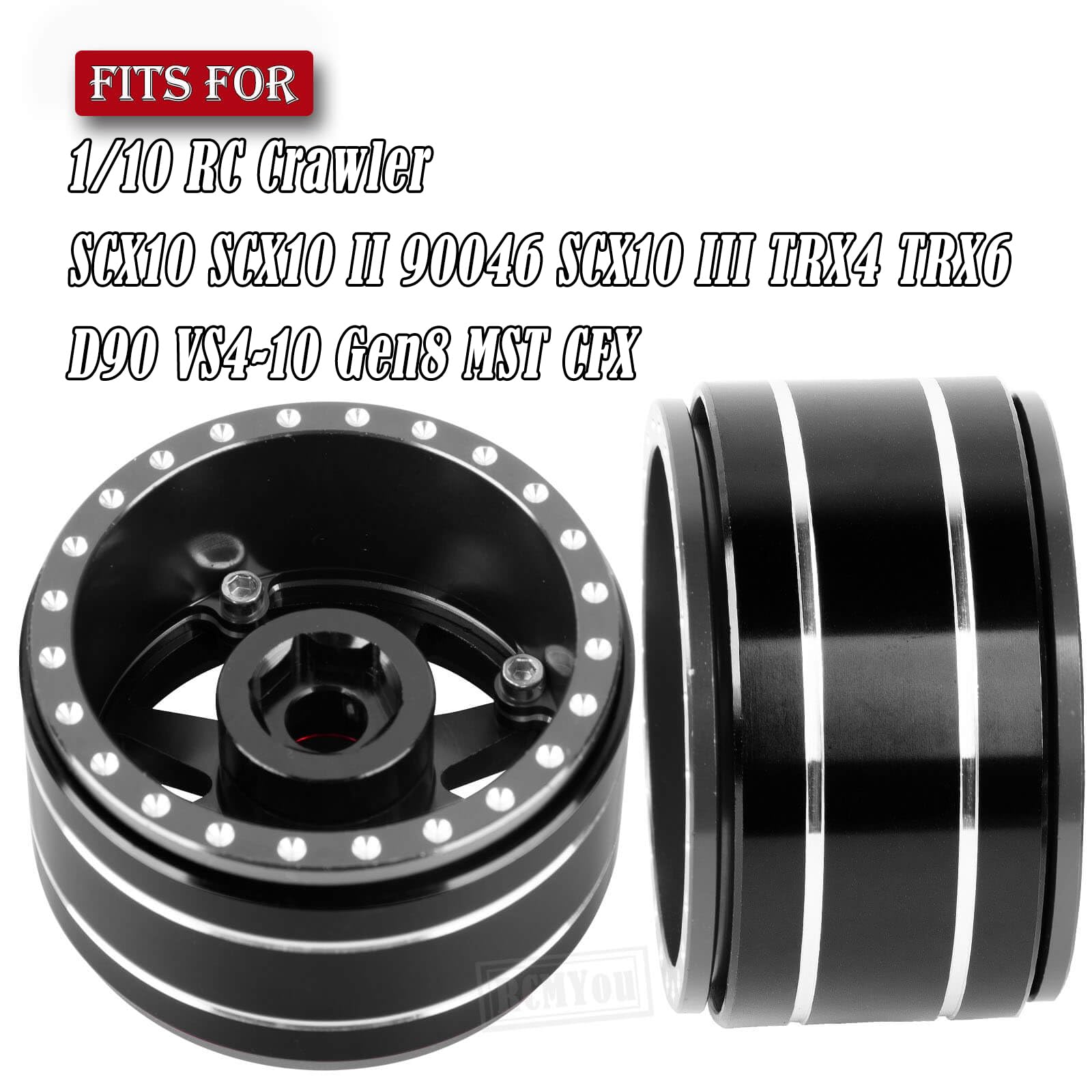 RCMYou RC 1.9 Tires & 1.9 Beadlock Wheels Adjustable 4 Offsets Rims for 1/10 TRX4 TRX6 SCX10 D90 Gen8 VS4-10 MST CFX RC Crawler Car,1.9 Beadlock Wheels Adjustable 4 Negative Offsets Rims,Black