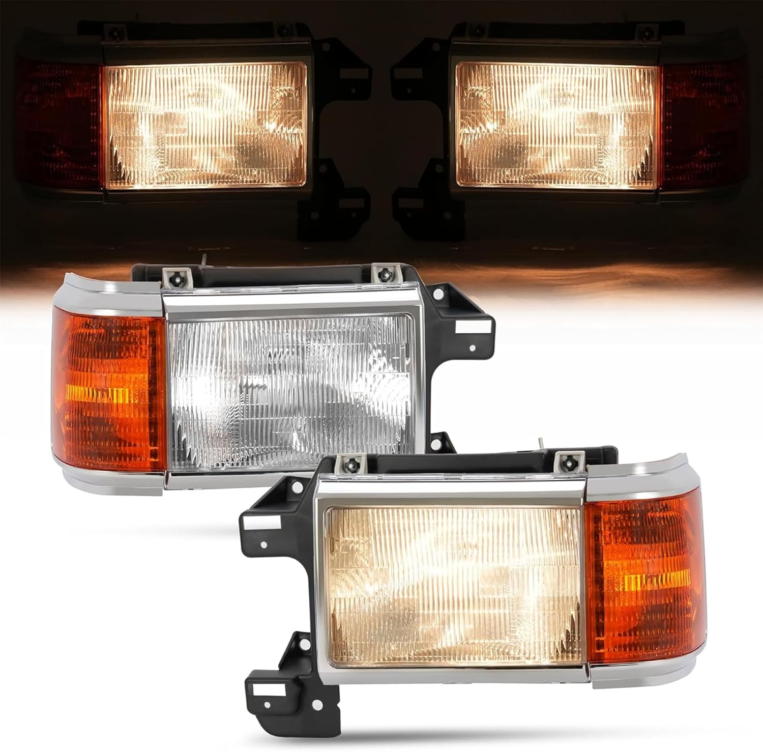 For 1987 1988 1989 1990 1991 Ford Bronco F150 F250 F350 F450 Truck Headlights Assembly Replacement for 87-91 Halogen Head Light Headlamp Driver and Passenger Side, Chrome Housing Amber Corner