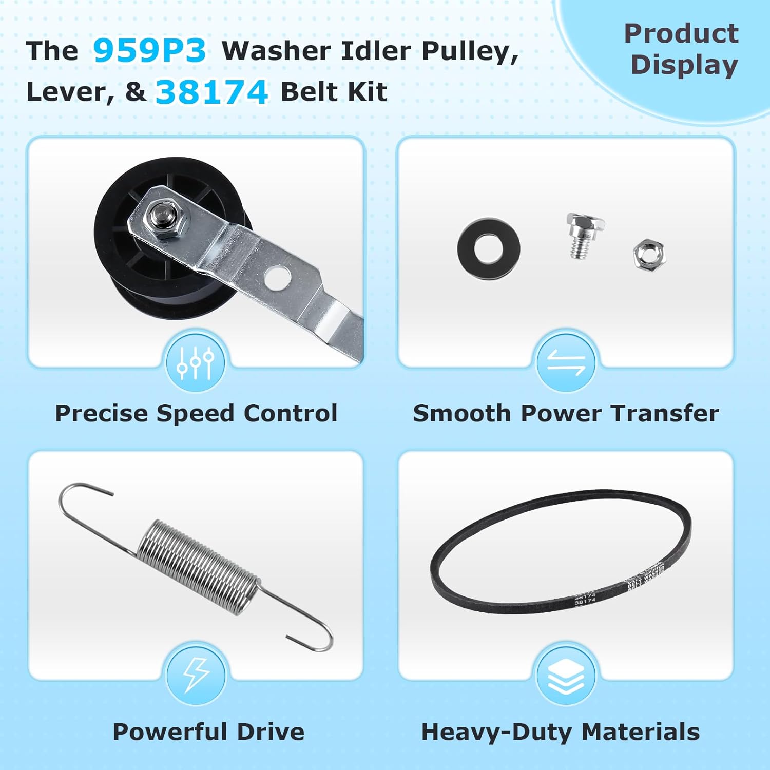 959P3 Washer Idler Pulley, Idler Kever Kit and 38174 Drive Belt Kit Compatible with Speed Queen Huebsch Primus Unimac Ipso Cissell Econo, Replacement Part 2020782 AP4489045 PS12192030 38225P 2024925