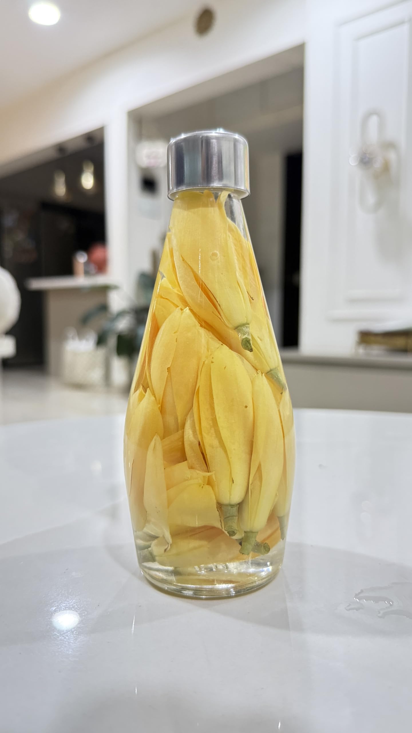 Natural Golden Champa Plumeria Flower in Decorative Glass Bottle | Preserved Chafa Flower, Keepsake Bottle, Silver Metal Cap, Unique Floral Decor, Thank You Tag Included-image-40
