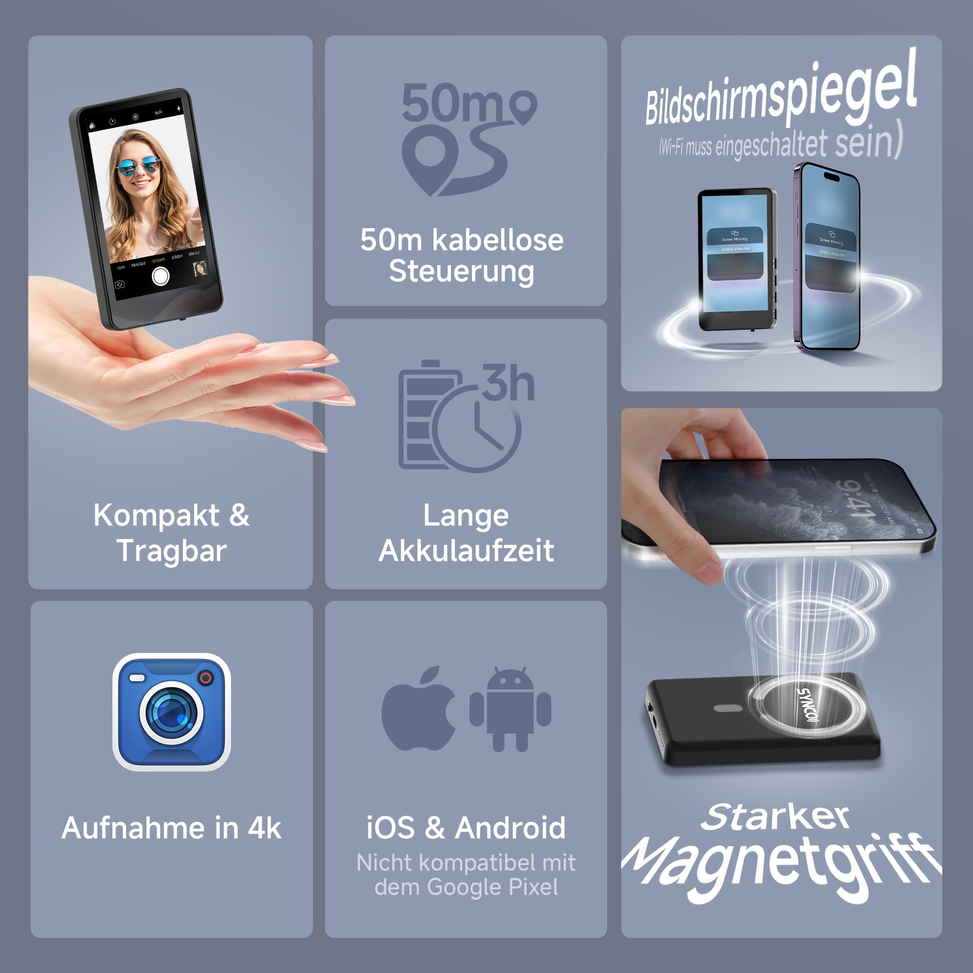 SYNCO XView Handy Selfie Monitor, Magnetischer Smartphone Vlog Bildschirm für iPhone & Android Rückkamera Kabellos 50M 3H Akku, mit Lautsprecher für TikTok YouTube Livestream (Schwarz)