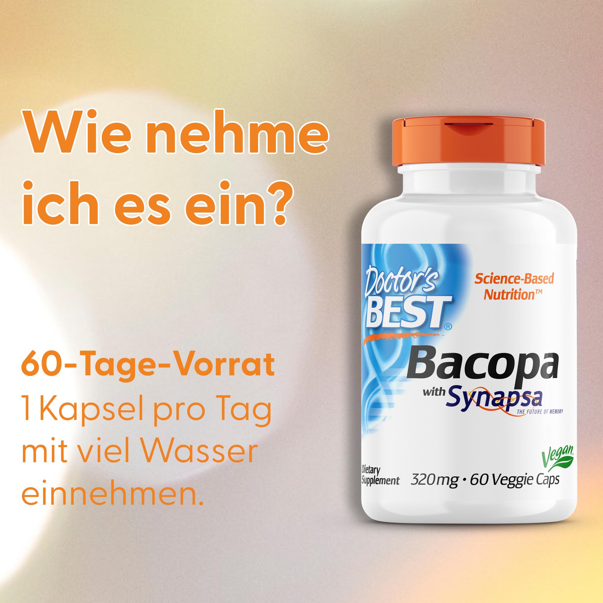Doctor's Best, Bacopa mit Synapsa, 60 vegane Kapseln, 320mg Bacopa Monnieri-Extrakt je Dosis, Glutenfrei, Sojafrei, GMO frei, Geschmacksneutral