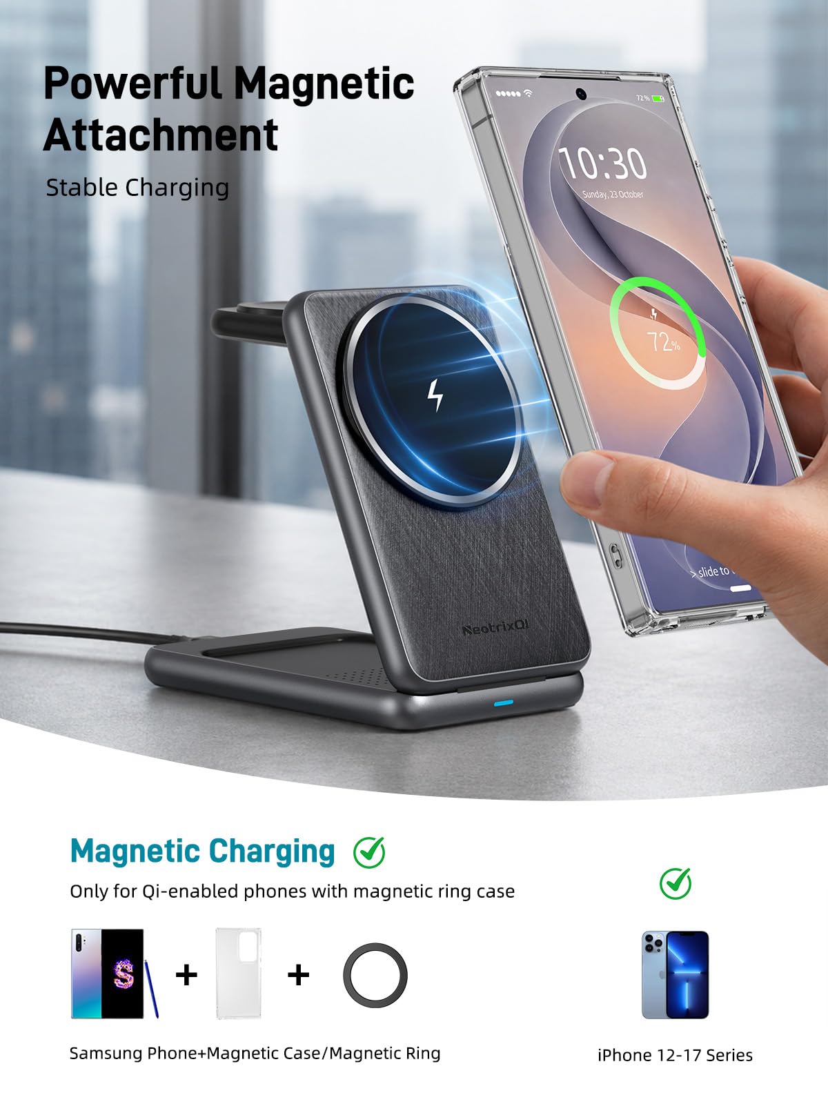 Magnetyczna ładowarka bezprzewodowa do Samsung Galaxy S25 Ultra S24, składana ładowarka Mag-safe Ładowarka do zegarka Samsung kompatybilna z Galaxy Watch Ultra 7 6 Galaxy Buds 2 (Zwart)