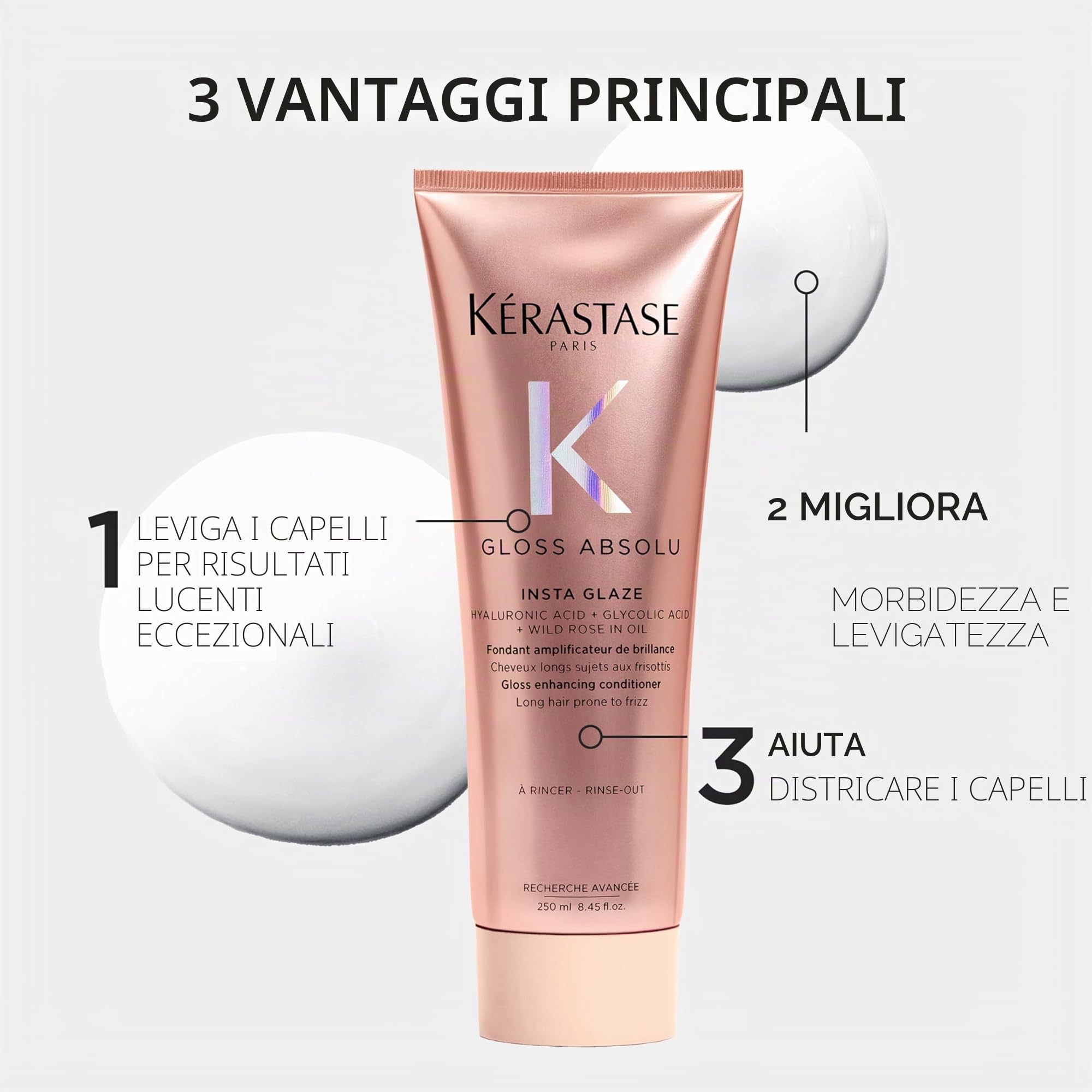 Kérastase, Gloss Absolu, Balsamo per Capelli Crespi, Con Acido Glicolico, Acido Ialuronico e Olio di Rosa Canina, Fondant Insta Glaze, 250ml