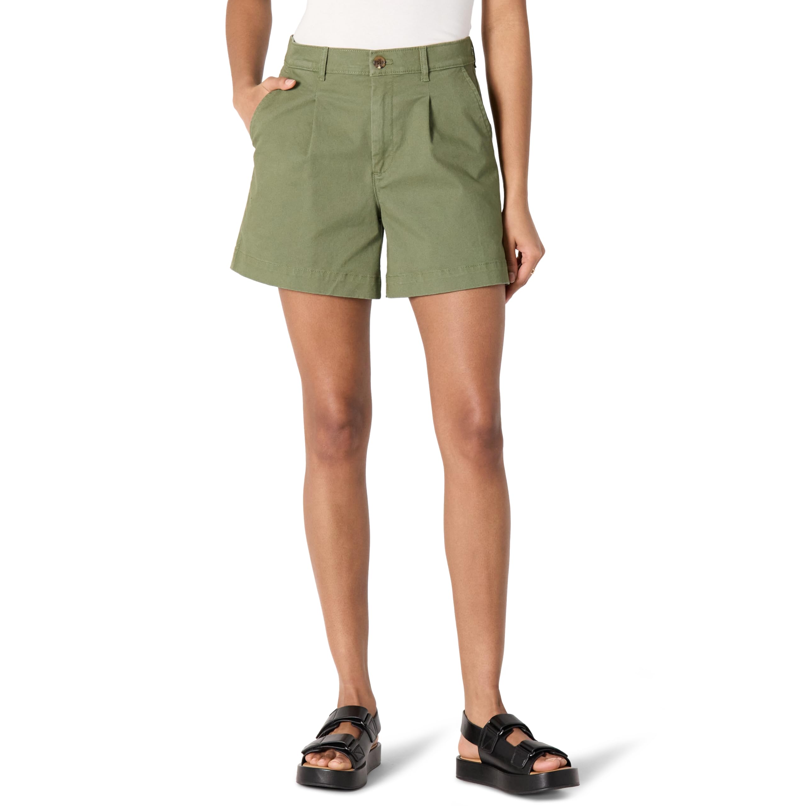 Amazon Essentials Women's High-Rise Relaxed-Fit A-line Elastic Back Shorts, Dark Olive, 0