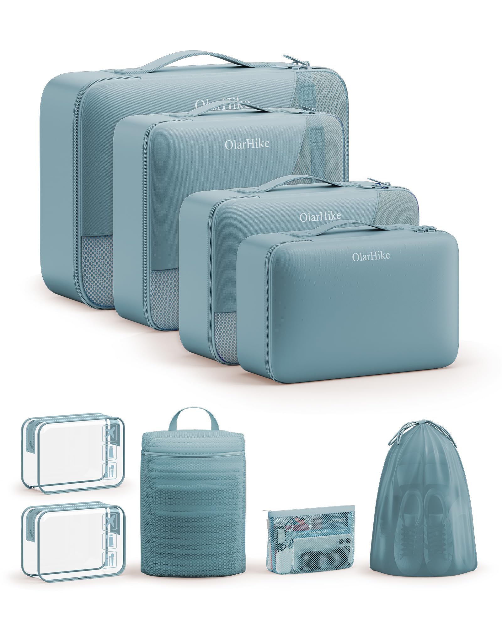 OlarHike Packing Cubes for Travel,Gifts for Women Mom,Anti-Tearing Suitcase Organizer for Luggage with Shoe &amp; Hanging Toiletry Bag,Vacation Essentials &amp; Accessories for Cruise Ship,9 Set,Blue Gray