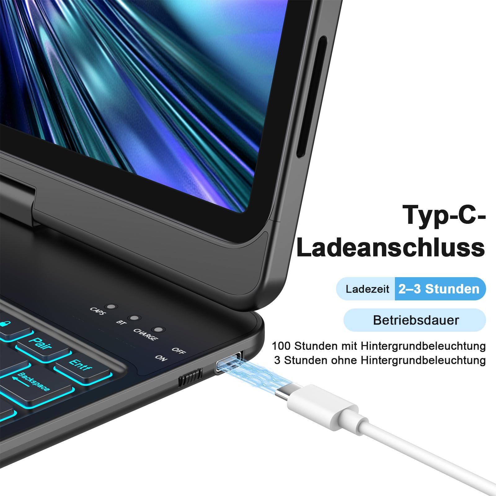 KBCASE Bluetooth Tastatur Schutzhülle für iPad 10. Gen 2022 10,9 Zoll, iPad 11. Gen 2025 A16 11 Zoll, mit Touchpad, QWERTZ, 360°-Drehung, 7- Farbige Hintergrundbeleuchtung (Mitternachtsschwarz)