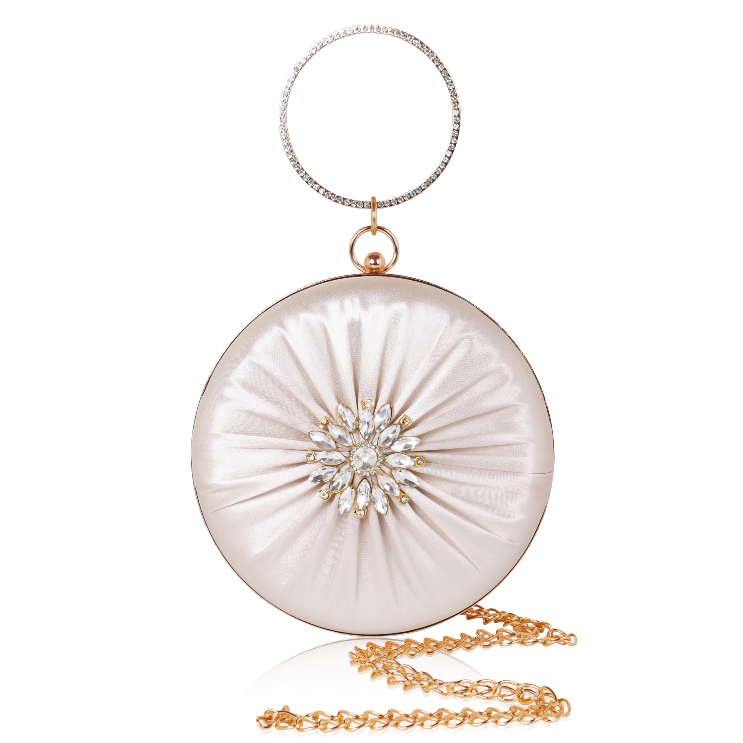 MISHA Radiant Bloom Ring Clutch, Crystal Rhinestone Brooch, Ring Handle with Chain (Gold)