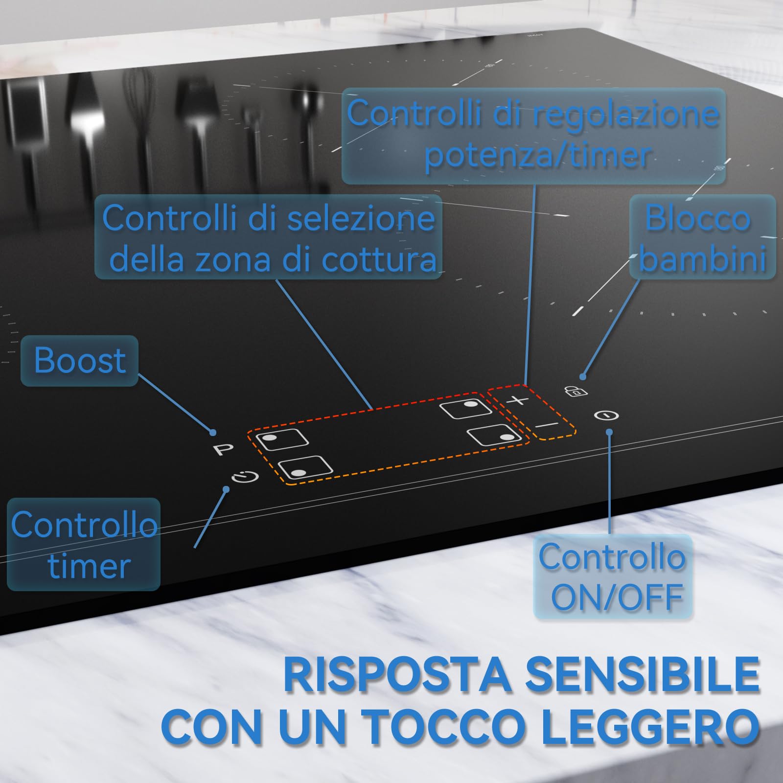 Hermitlux Piano Cottura a Induzione 4 Fuochi 60cm, 7200 W Piastra Induzione con Comandi Touch, Blocco Sicurezza e Timer Elettronico, Nero