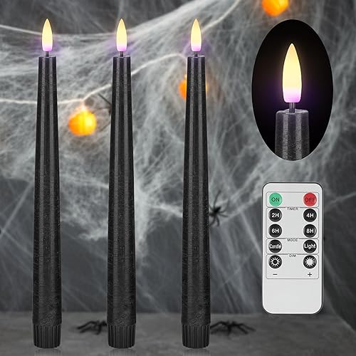 AFINETH Velas cónicas negras sin llama parpadeantes, velas de cera real de Halloween de 9.6 pulgadas con control remoto y temporizador, paquete de 3