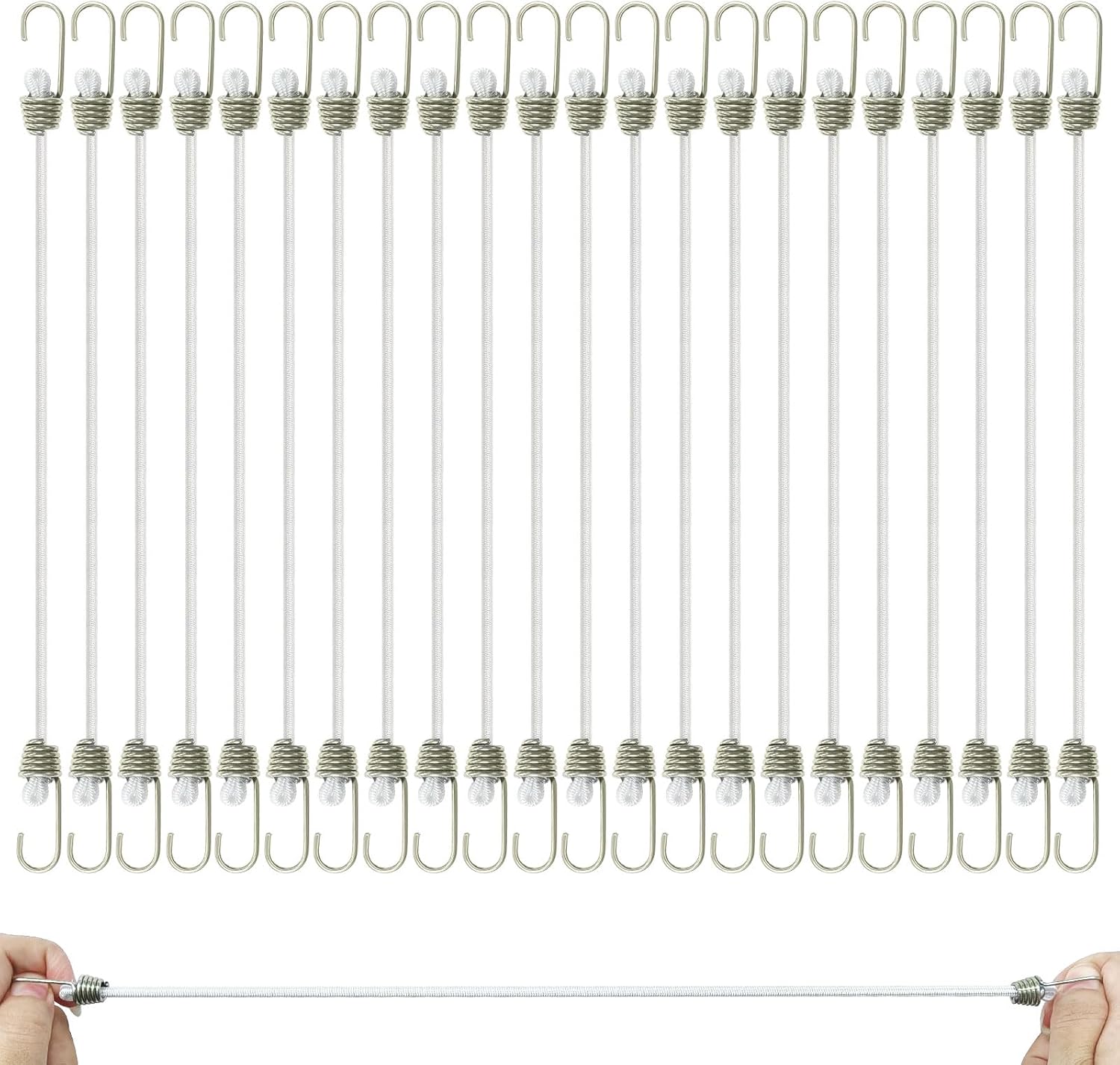 22 Pack 10in White Small Bungee Cords with Hooks