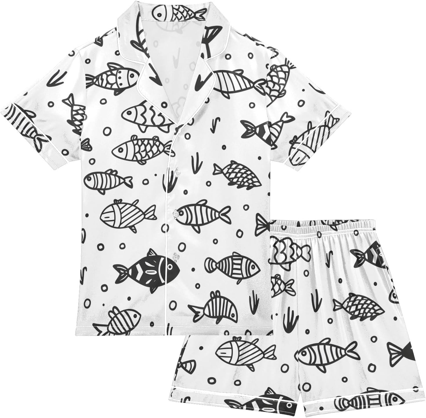 Kids Casual Satin Wear Set Sea Life Pattern with Cute Doodle Fishes Unisex Short Sleeve Clothing for Relaxing