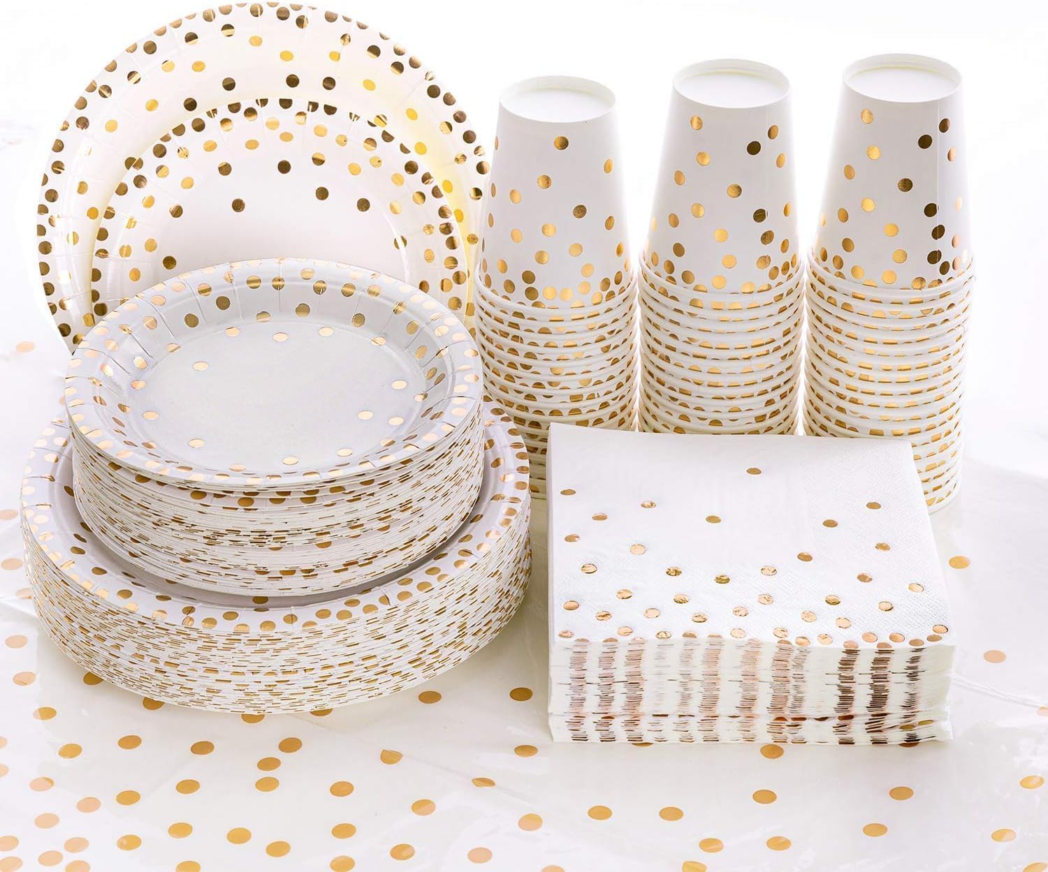 201PCS Disposable Paper Plates Gold Party Supplies, Golden Polka Dots Birthday and Baptism Decorations, Include Plates and Cups, Napkins, Tablecloth, for Baby Shower Wedding (Gold)