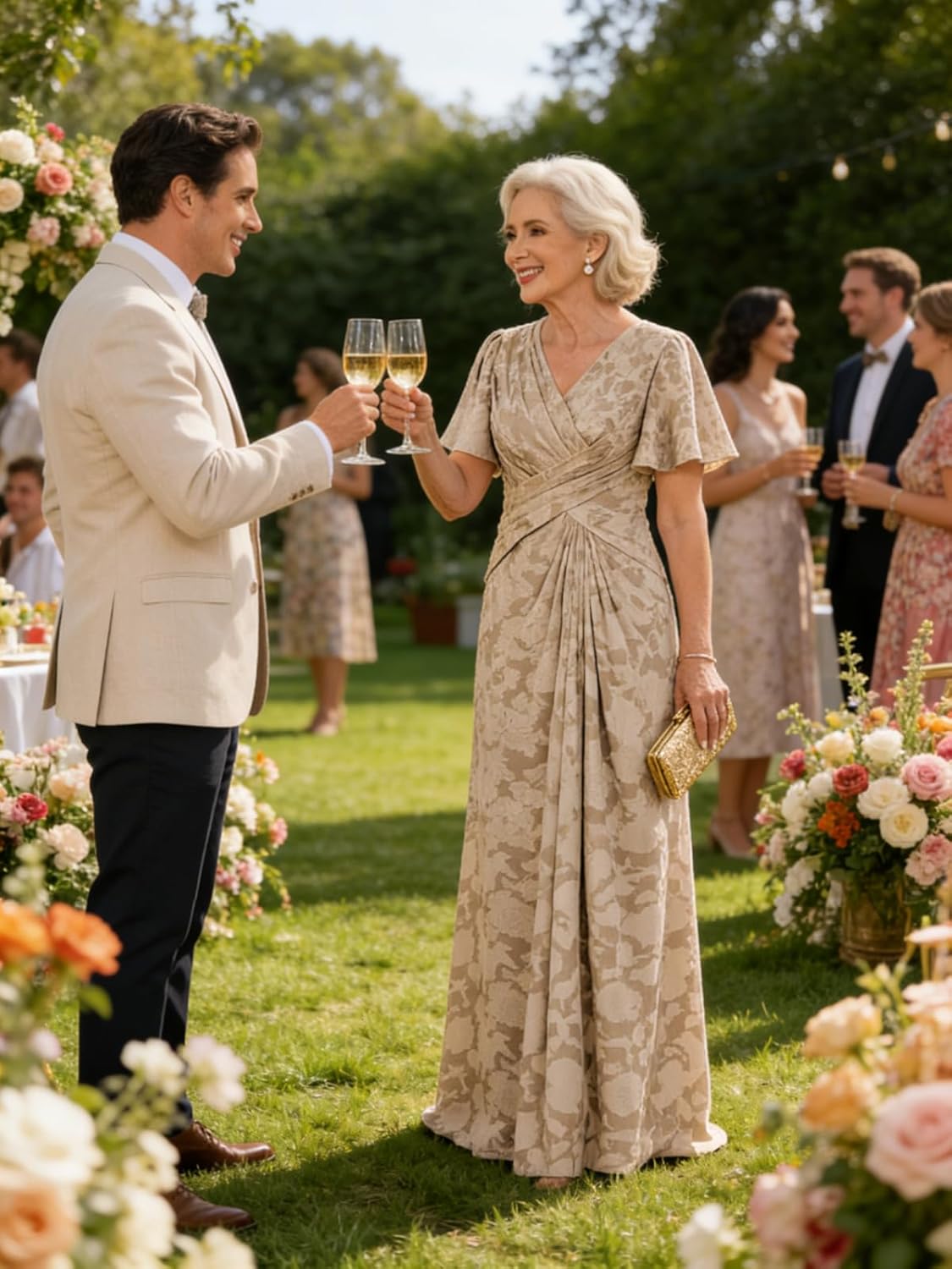 Lace Mother of The Bride Dresses for Women Modest V-Neck Ruched Formal Wedding Guest Dress with Sleeves - Image 5