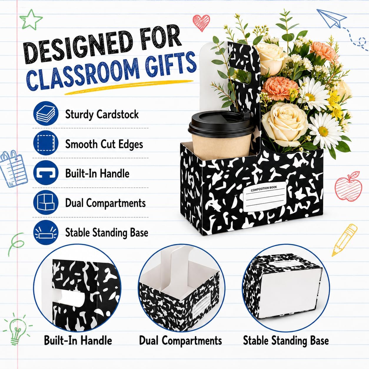 24 Pcs Back to School Teacher Gifts 2 Cup Drink Carrier Composition Book Pattern Disposable Cup Holders with Handle Notebook Shaped Gift Box for Teacher Party Decorations Gift Supplies image 5