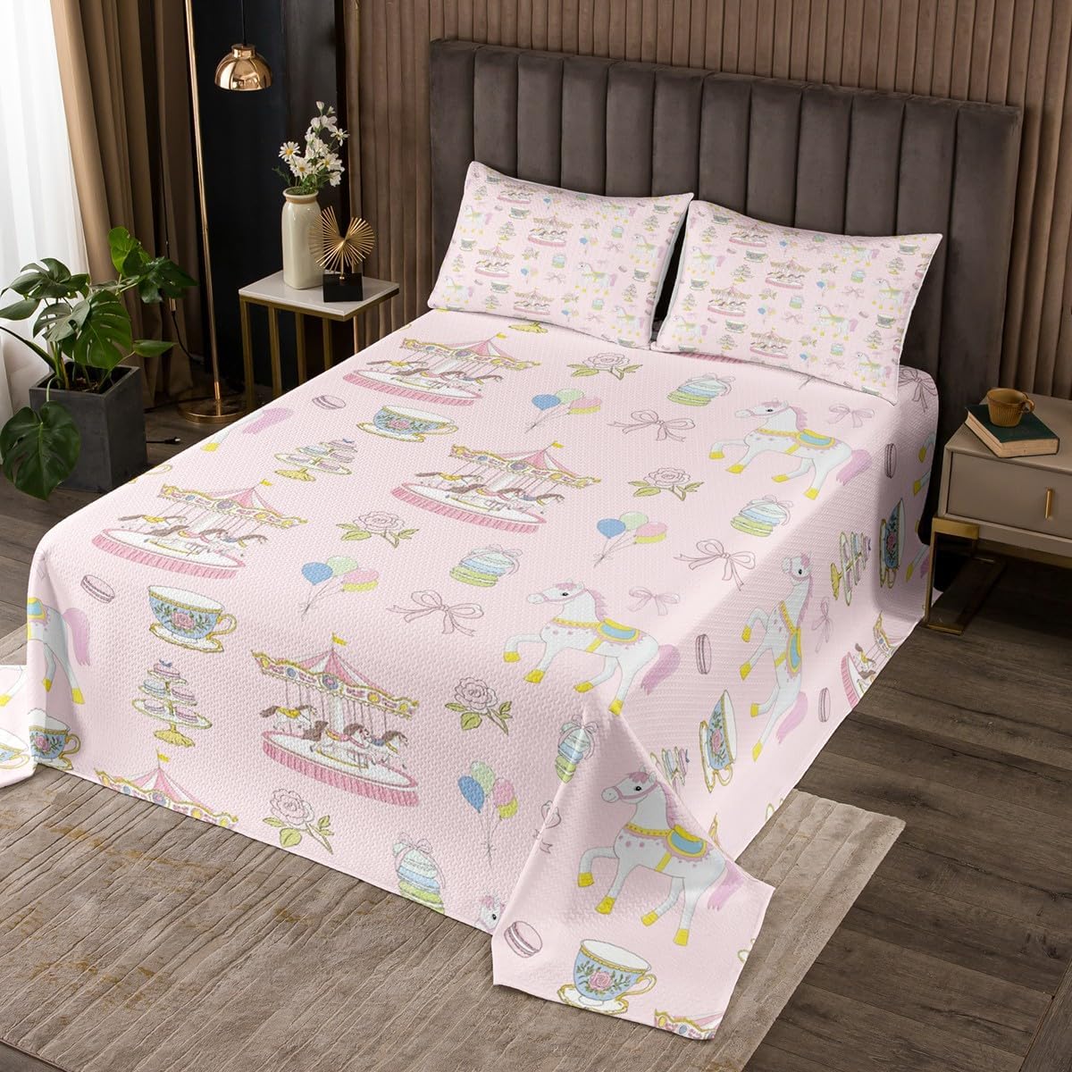 Unicorn Pink Bedding Set King Size,Fairy Tales Carousel Bedspread 3Pcs for Kids Girls Boys Teens Room Decor,Pink Bowknot Comforter Set Sweet Princess Dreamy Quilt Coverlet,2 Pillowcases