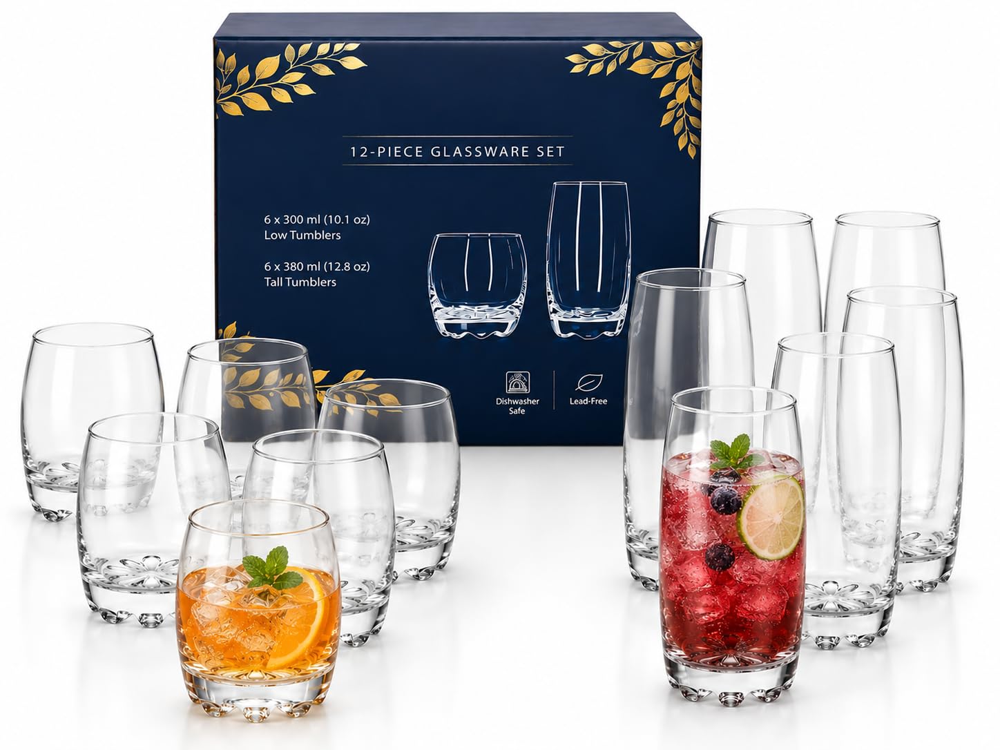 BH | 12-Piece Drinking Glassware Set | 6 x 300ml Low Tumblers | 6 x 380ml Tall Tumblers | Highball Glasses | Lead-Free, Crystal Clear Glass for Water, Juice, Cocktails & Everyday Use - by Best House