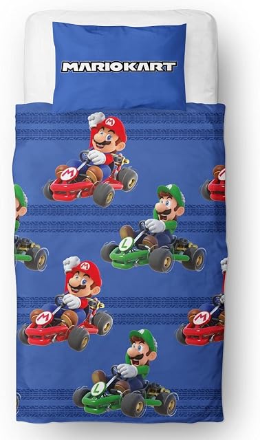 Nintendo Mario Kart Official Single Duvet Cover Set, Checkers Design | Blue Reversible 2 Sided Bedding Cover Official Merchandise Including Matching Pillow Case