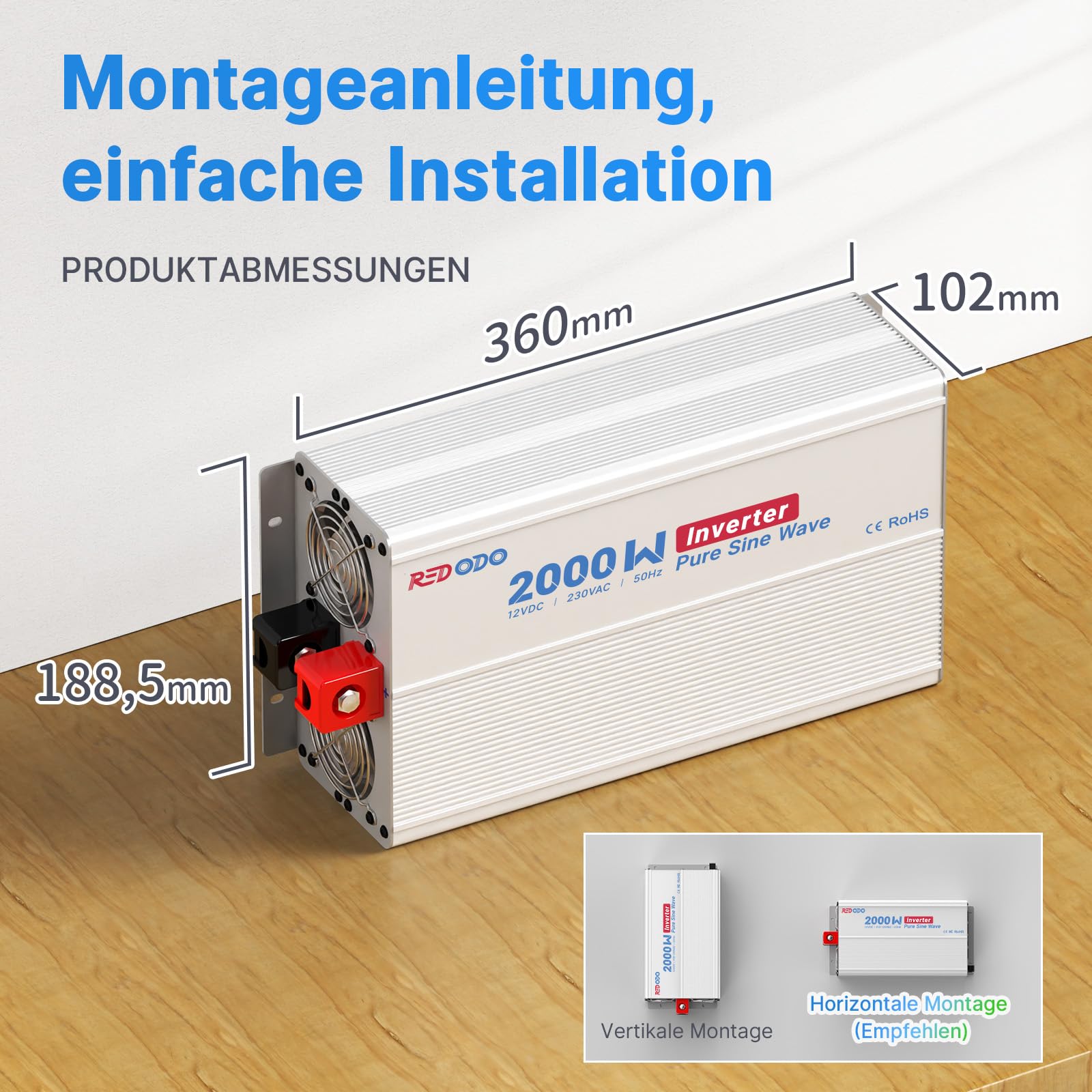 Redodo Reiner Sinus-Wechselrichter 2000W 2V DC zu 230V AC Konverter für Womo, Camping, Solarstrom-Wechselrichter mit 2*AC Ausgängen, Überwachungsbildschirm mit Echtzeit-Statusanzeige