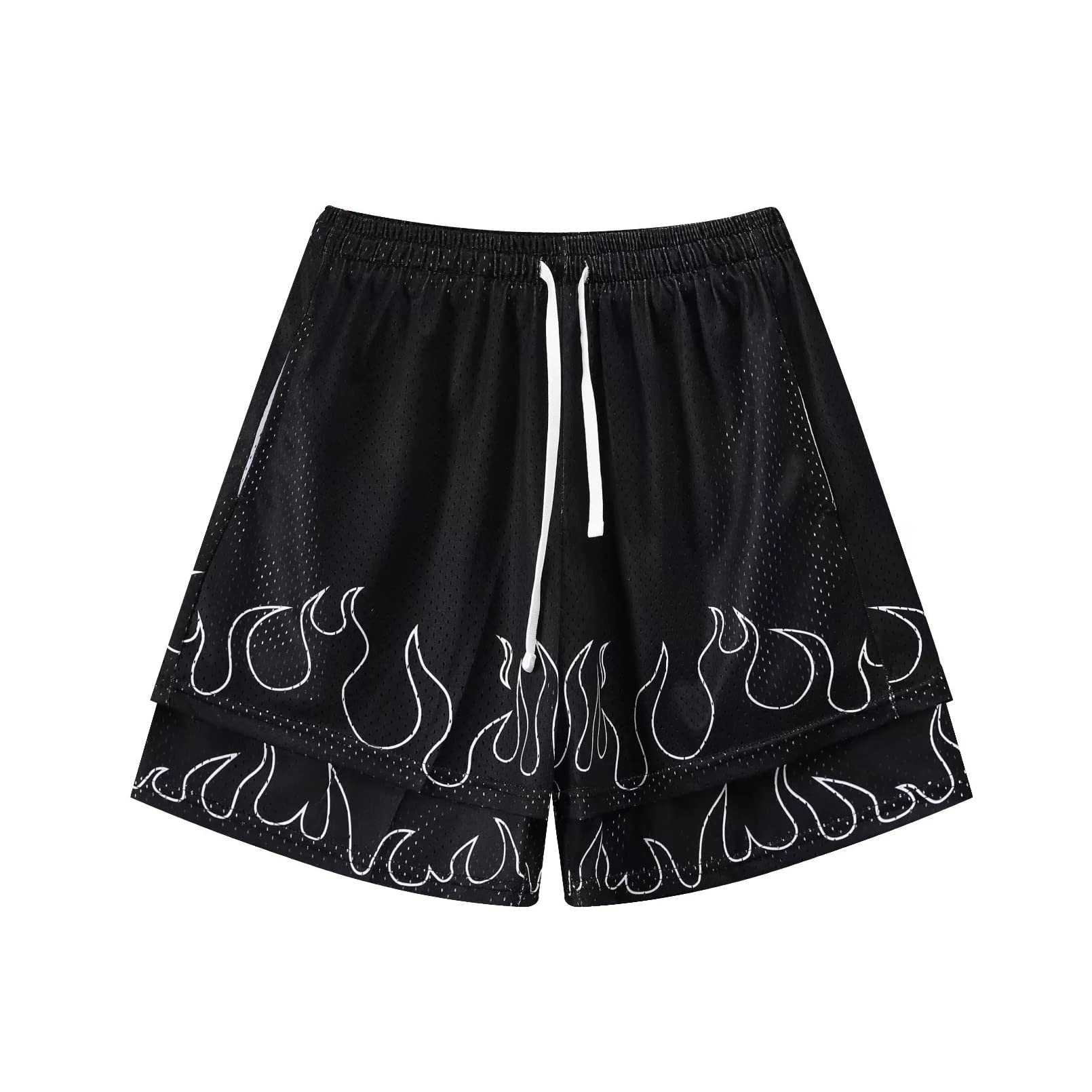 BOOMLEMON Mens Basketball Shorts Casual Workout Athletic Shorts Mesh Flame Graphic Print Running Short Pants