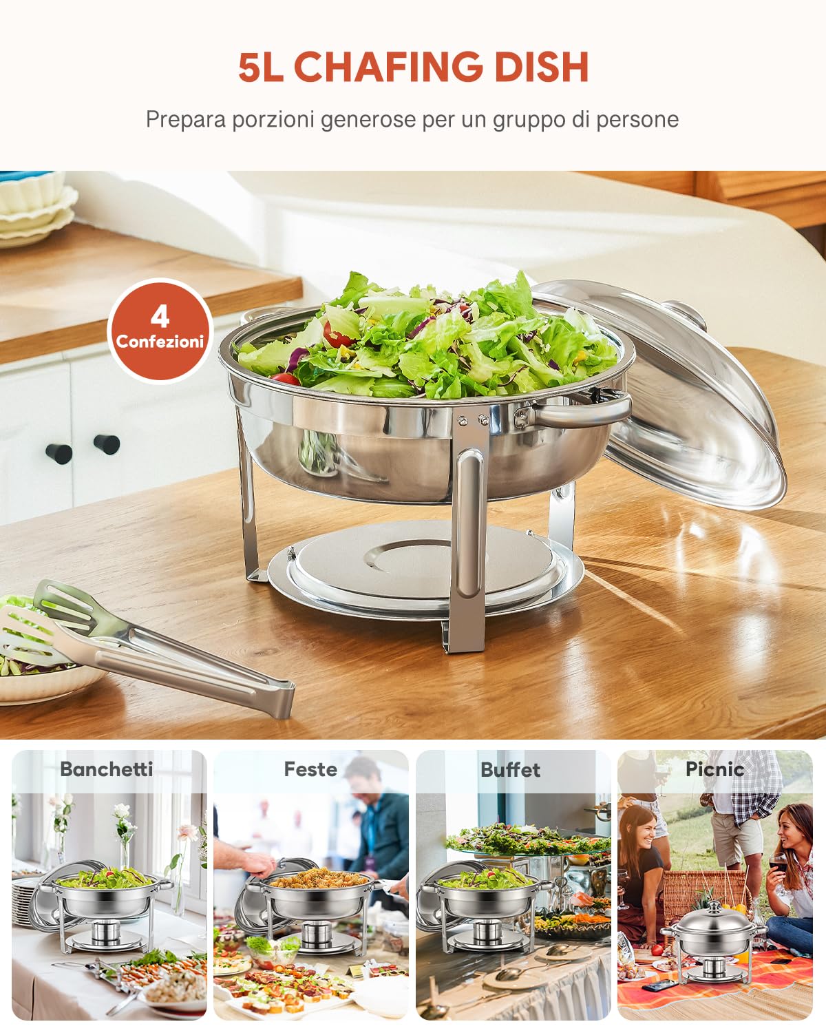 Wilprep 5L Chafing Dish Buffet Rotondo Scaldavivande Rotondo in Acciaio Inox Contenitore Vassoio di Riscaldamento con Coperchi Pentole per Servire per Catering Ristoranti Feste Matrimoni (4 Pezzi)