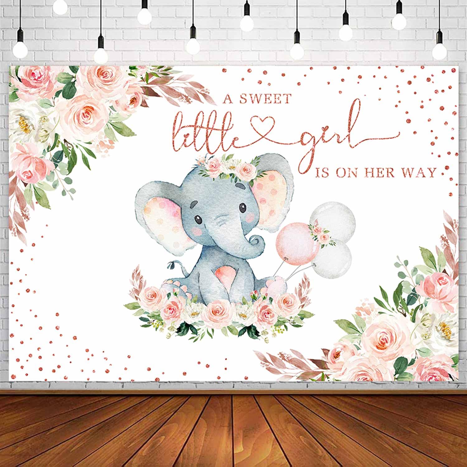 Sensfun Elephant Baby Shower Backdrop for Girl Pink Watercolor Floral Sweet Little Girl is on The Way Decoration Photography Background Little Peanut