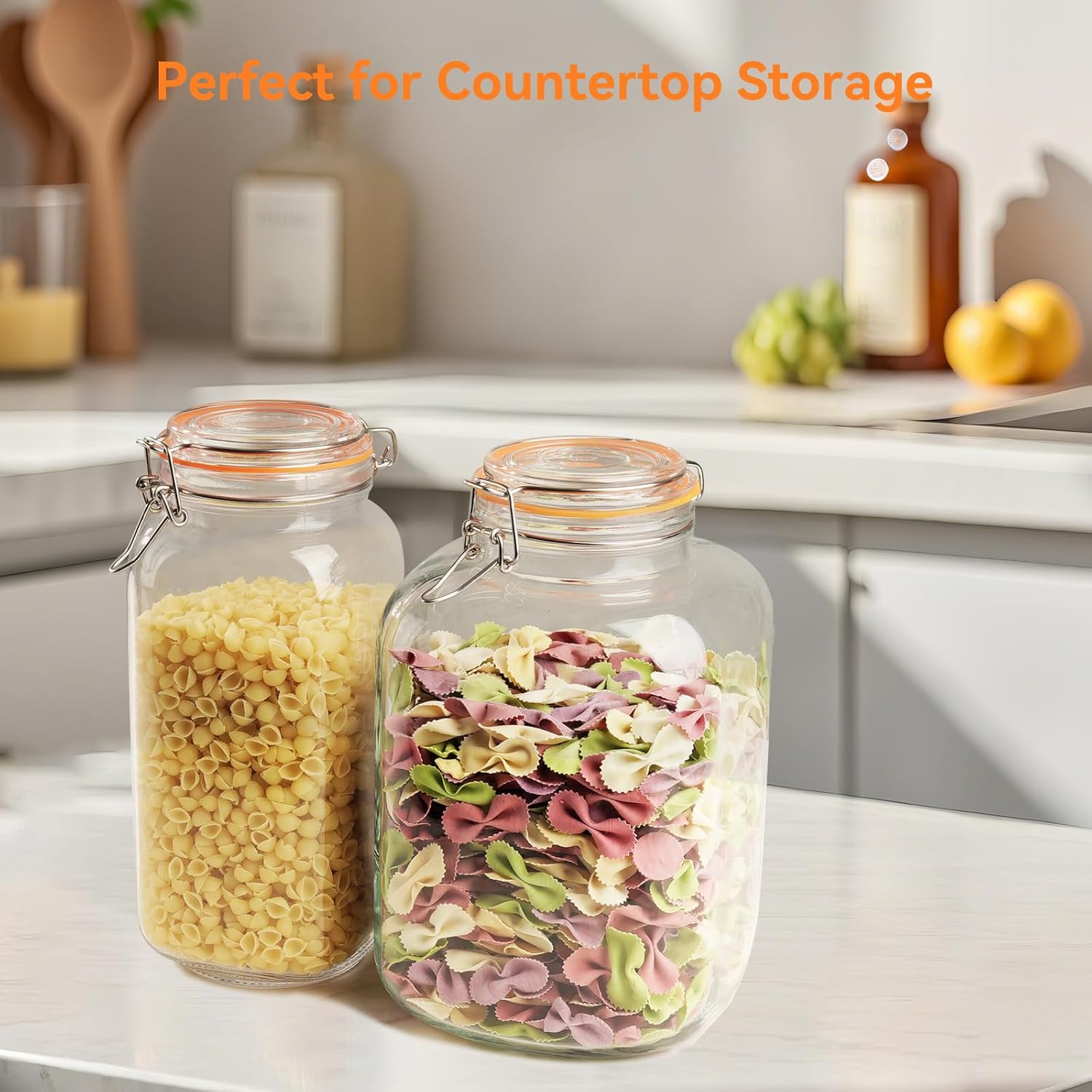 Glass Storage Jars with Airtight Lids - 2 Pack 135 Oz Food Containers Large Wide Mouth Kitchen Pantry Canisters Mason Jar for Flour Sugar Coffee Cookies Cereal Rice