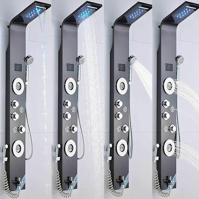Columna de Ducha con Panel LED, Chorro Lluvia y Masaje, Acero Inoxidable y Latón, Negro miniatura 3
