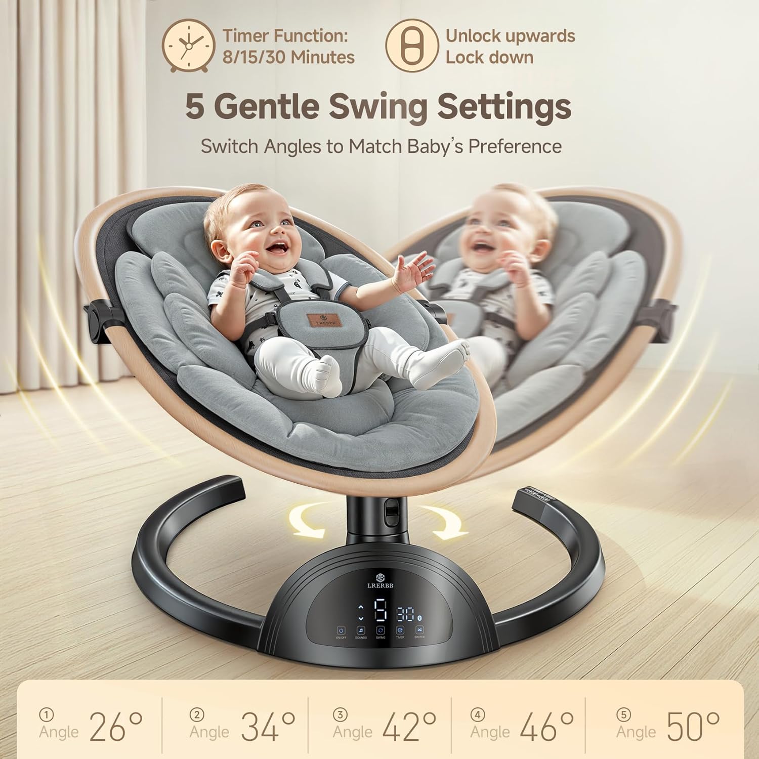 Electric Baby Swings for Infants, Infant Swing with Music Speaker, 3 Seat Positions, 5 Speeds and Remote Control for Newborn Boy Girl, Indoor & Outdoor Use, Black