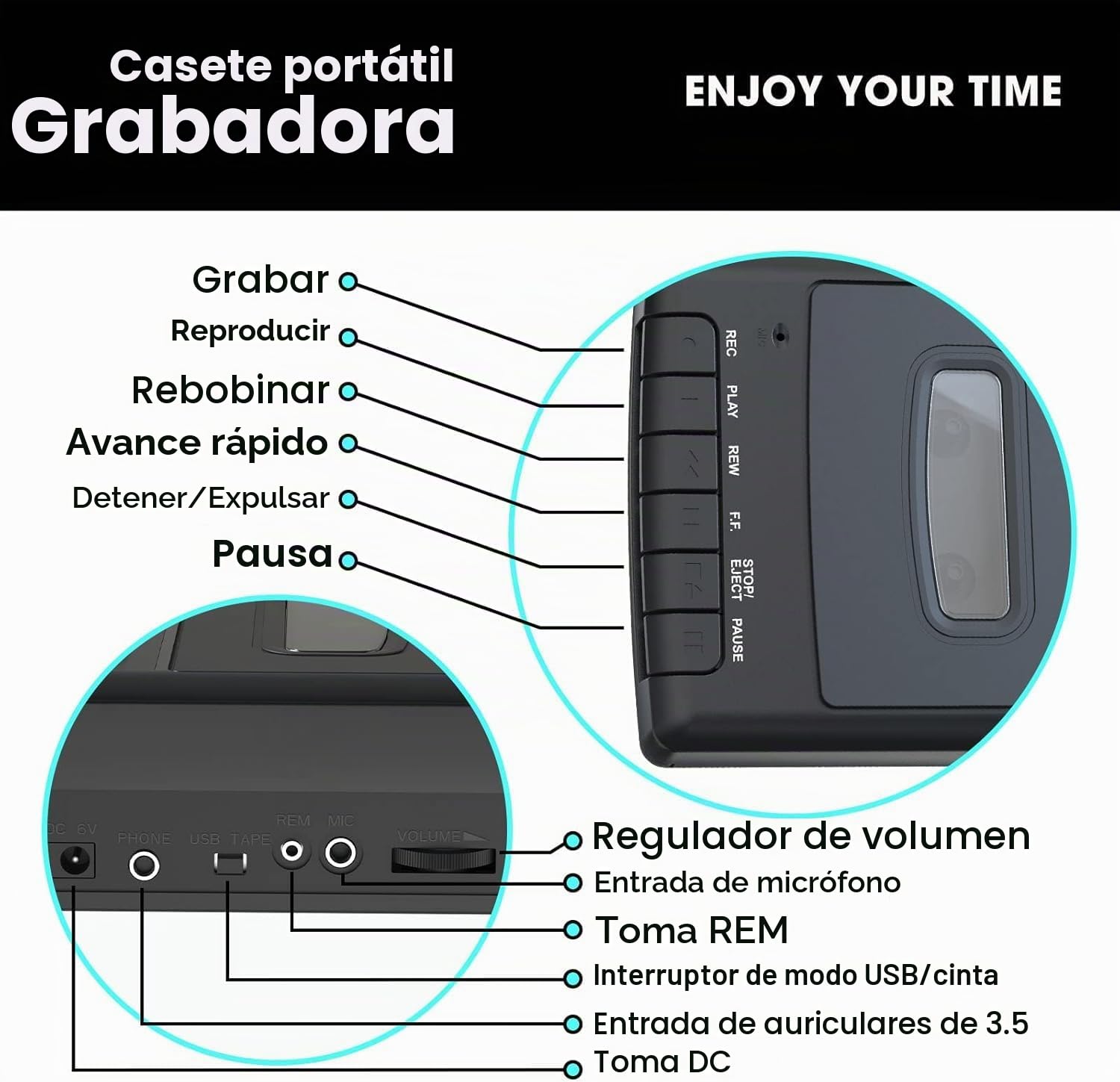 Grabador de Cassette, Reproductor de casetes móvil y digitalizador USB,con Altavoz y micrófono,Mango Extensible, Auriculares