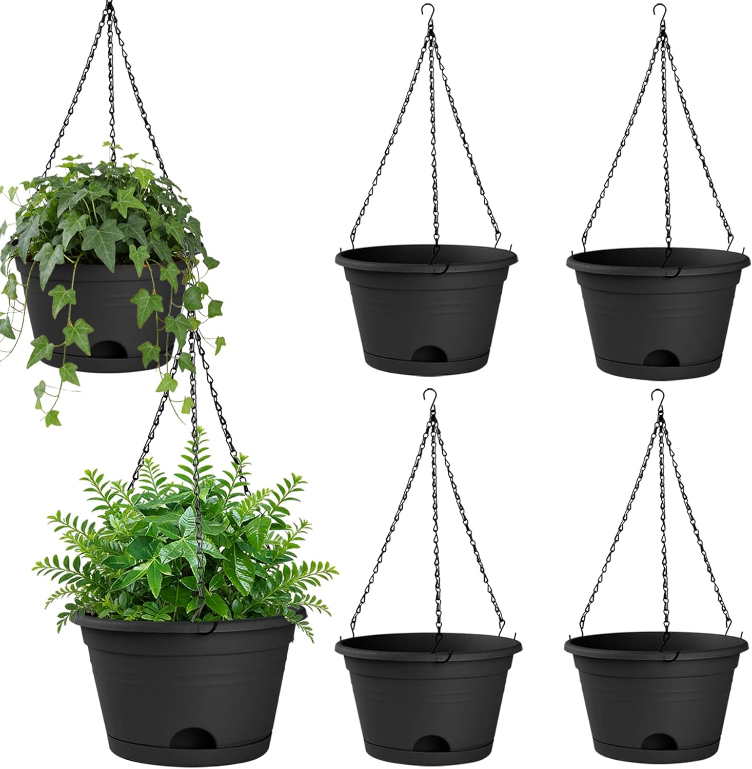 6 Pack Hanging Planters, 10 Inch Plant Pot with Hanger Chain & Drainage Trays, Hanging Baskets for Plants Outdoor Indoor, Hanging Flowers, Vegetables, Herbs (Black-6 Pack, 10 inch)