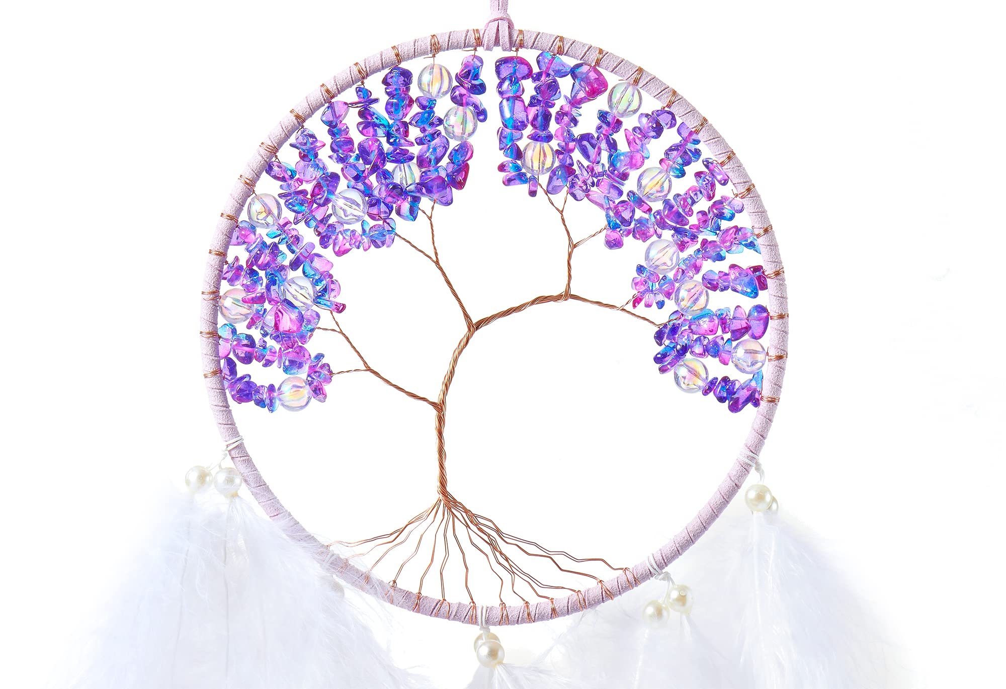 Acchiappasogni Grande Albero Della Vita Con Ametista E Piume Di Tacchino Viola, Fatto A Mano Con Cristalli Curativi, Decorazione Da Parete Boho Per Camera Da Letto