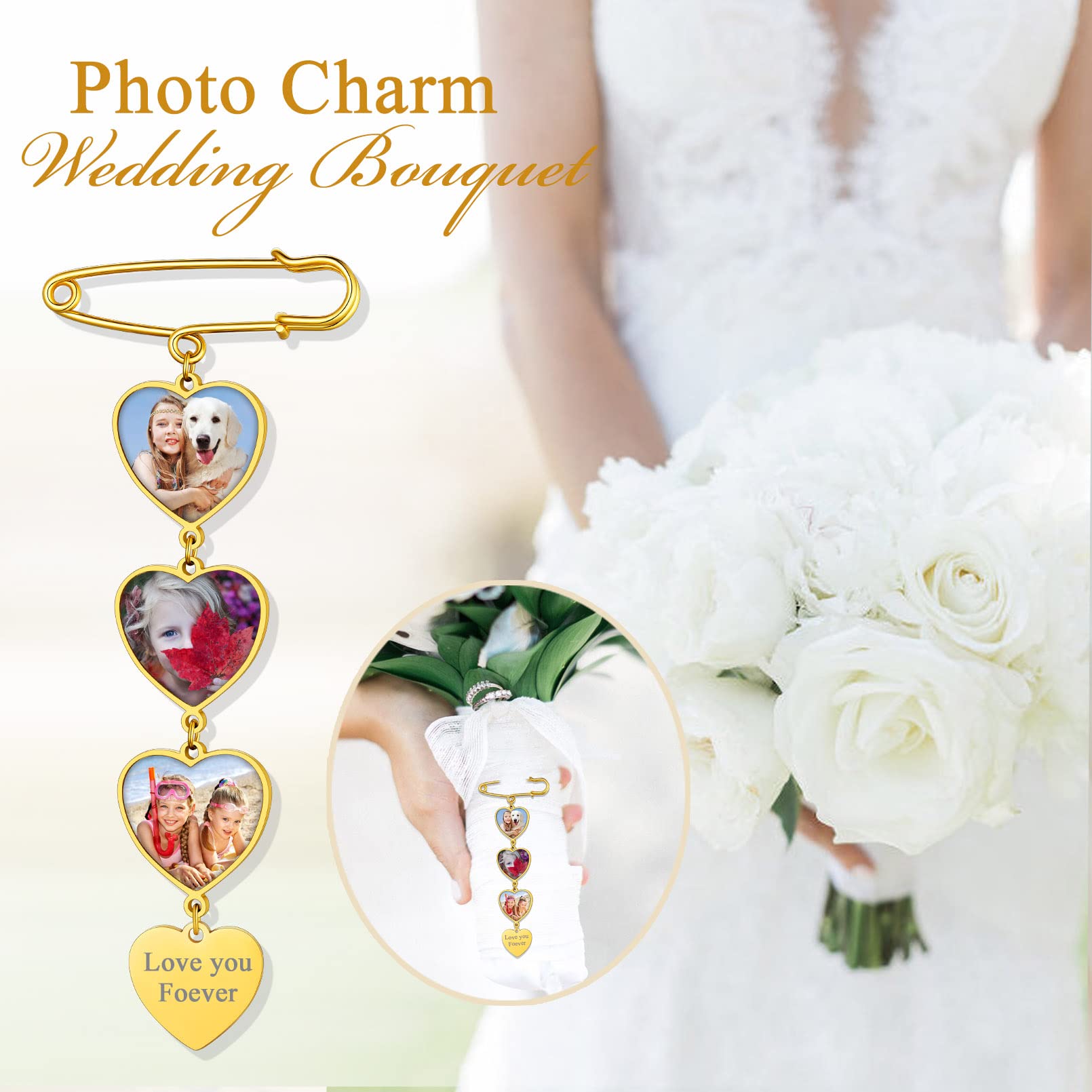 Custom4U Personalisierte Damen Herren Brosche mit 3x Fotoanhänger mit Gravur für Memorial Anhänger Brautstrauß Ansteckblume Bräutigam Edelstahl DIY Anstecker Gold für Hochzeit Weihnachten
