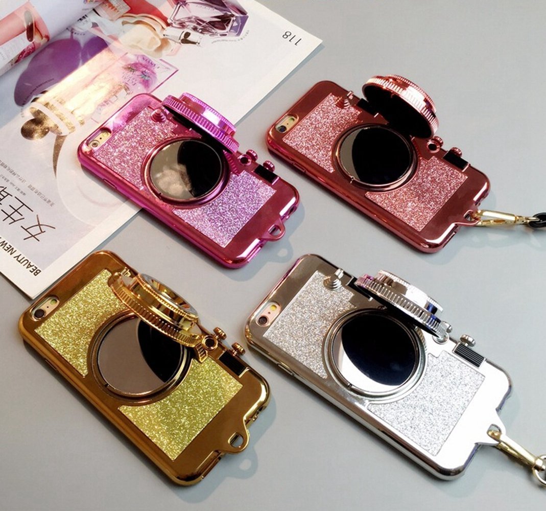 UCLL Glitter Camera Case for iphone 7 plus and iphone 8 plus New Modern 3D Vintage Style Bling Camera Design Soft Cover For 5.5 iphone 7plus/iphone 8 Plus with Strap Rope and a Screen protector (pink)