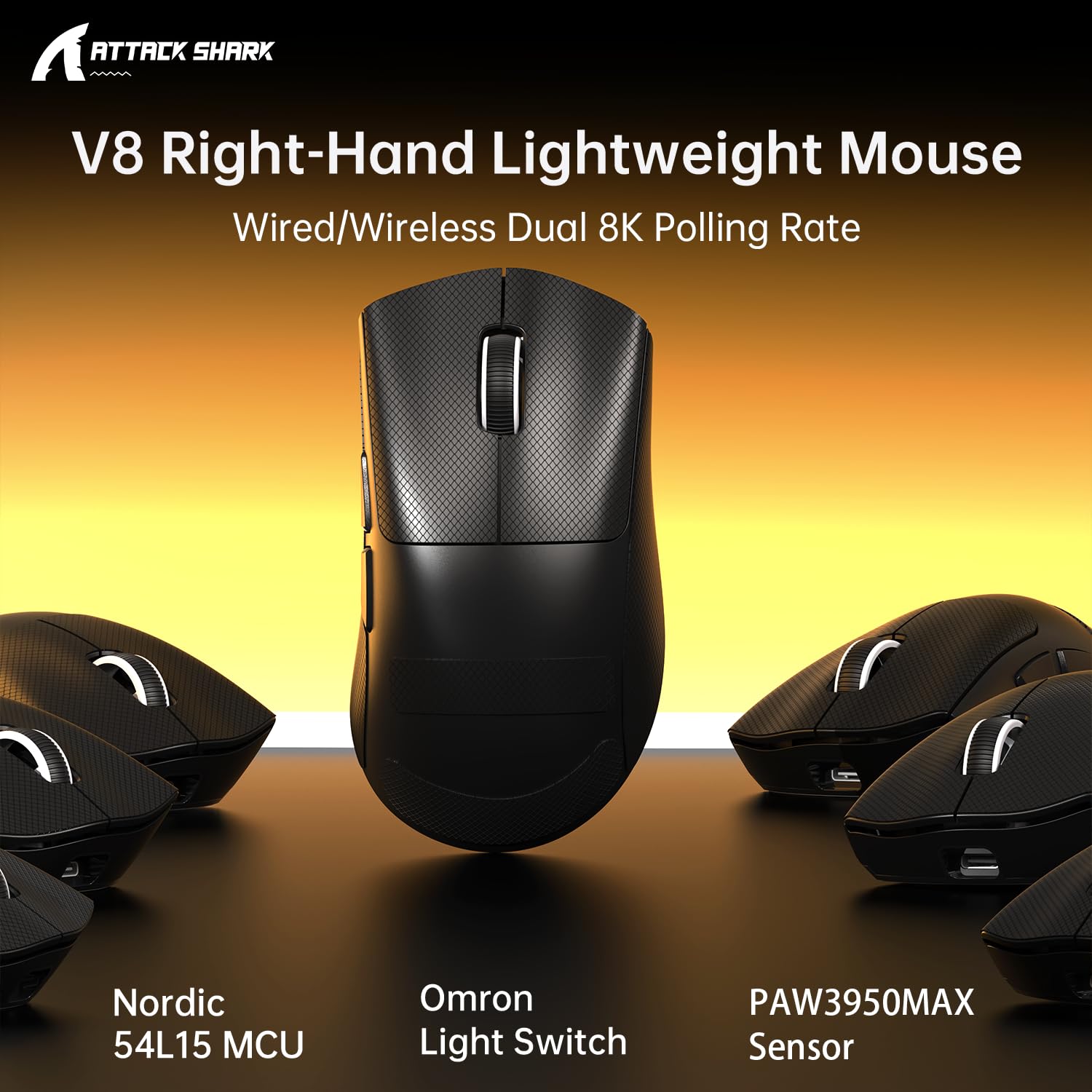 MAMBASNAKE x ATTACK SHARK V8 Wireless Gaming Mouse, 59g Ultra-Lightweight, PAW3950MAX Sensor, SHARK 8K Dongle, Tri-Mode (2.4G/Bluetooth/Wired), Right-Hand Ergonomic Design, Web-Based Software