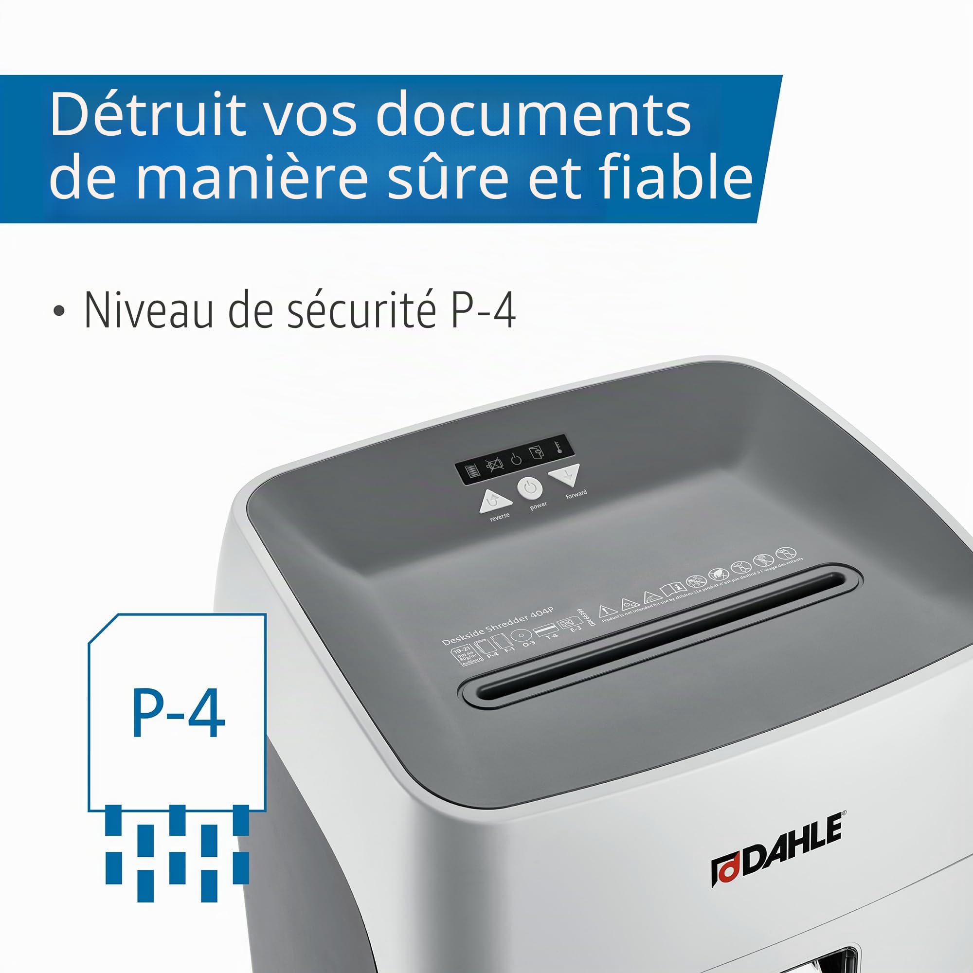 Dahle 404P Deskside, destructeur de documents P-4 de grande capacité, moteur puissant pour 21 feuilles, durée de fonctionnement prolongée, bac extractible, sans huile, pour la maison et le bureau