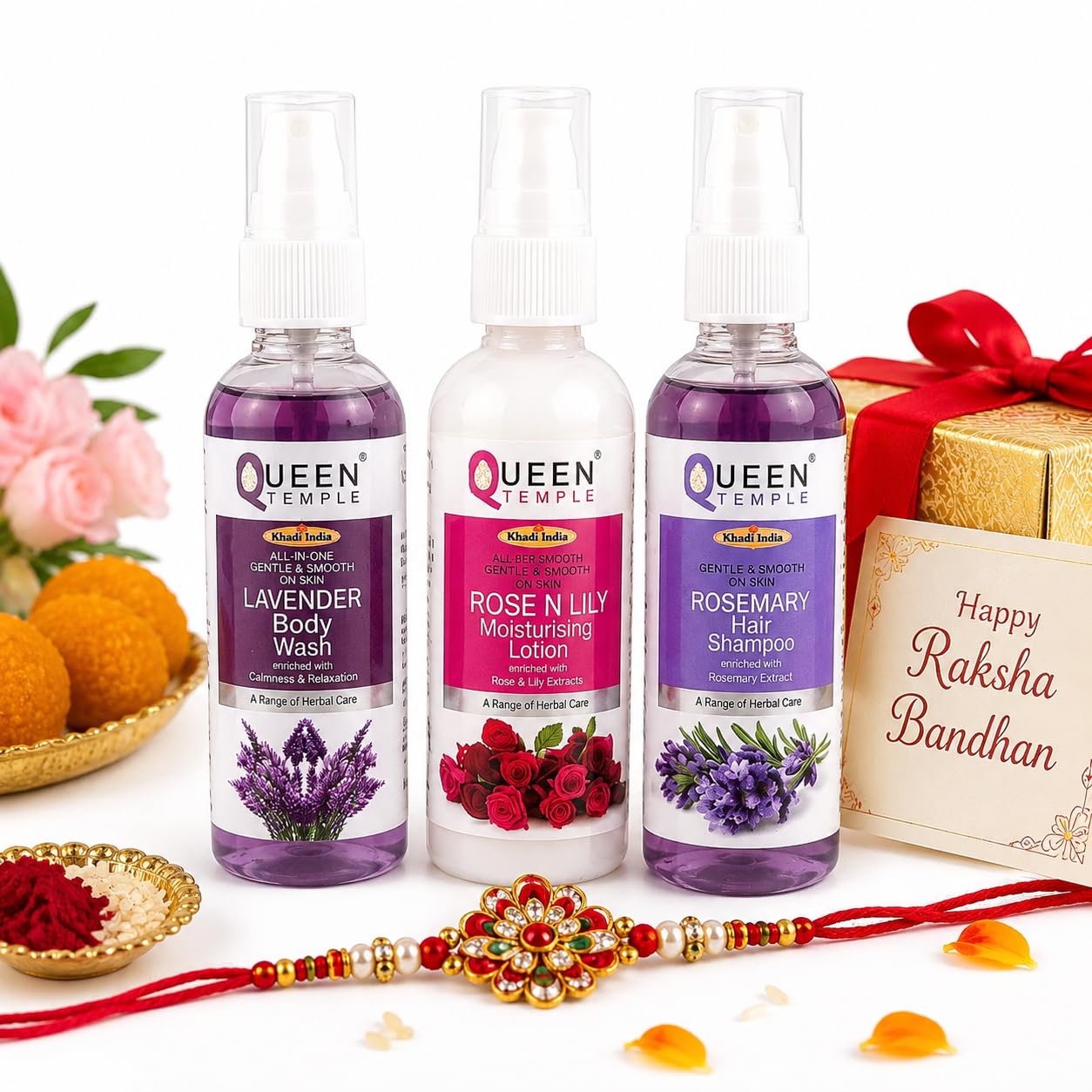 Khadi India Raksha Bandhan Gift Hamper By Queen Temple for Brother & Sister | Lavender Body Wash, Rose N Lily Moisturising Lotion & Rosemary Hair Shampoo (100 ML Each)| Premium Herbal Skincare & Haircare Gift Set with Reusable Jute Bag | Rakhi Included-image-28