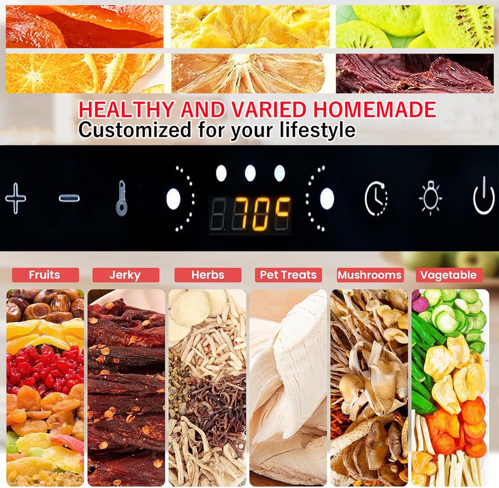 Deshidratador de alimentos con 6 bandejas espacio de secado de 3.6ft²Bandejas de acero inoxidable de 400W Secado rápido(86°F-194°F) Ideal para cecina,golosinas para perros,hierbas,carne,frutas