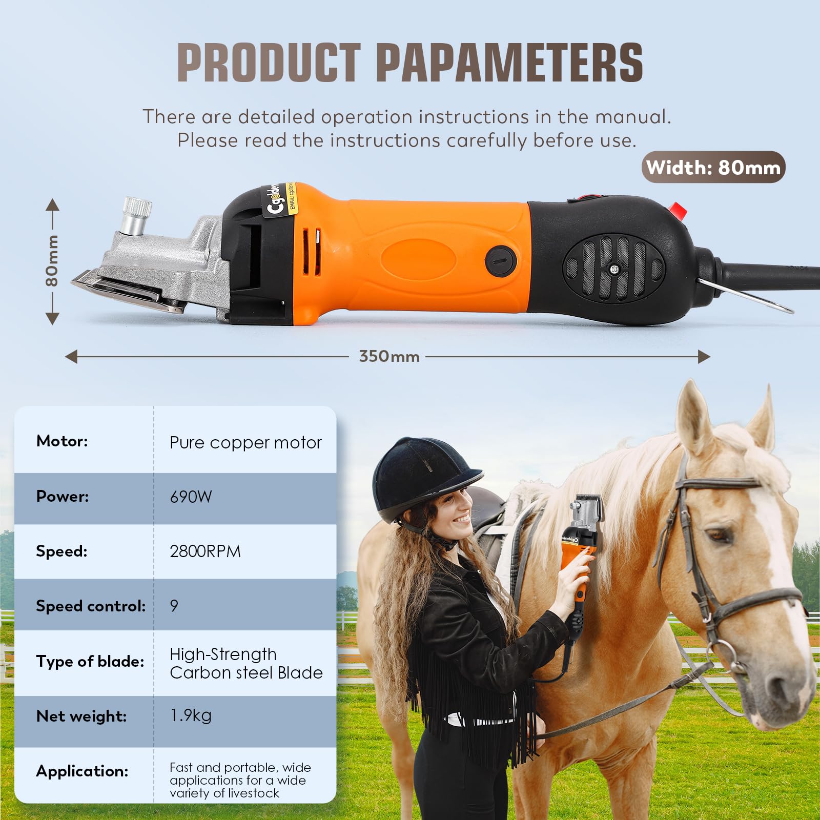 CGOLDENWALL Esquiladora para Caballos Profesional 690W 2800 RPM | 6 Velocidades + Cable 5m | Potencia Industrial para Caballos, Bovinos, Cabras, Ponis & Animales de Pelo Grueso