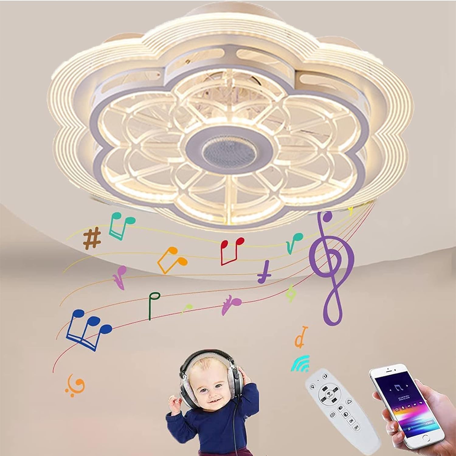 HXYSXHJUO Ceiling fan light LED Silent Remote Control Dimmable Light and Speaker APP Controllable Musical Fan for Bedroom Room Living