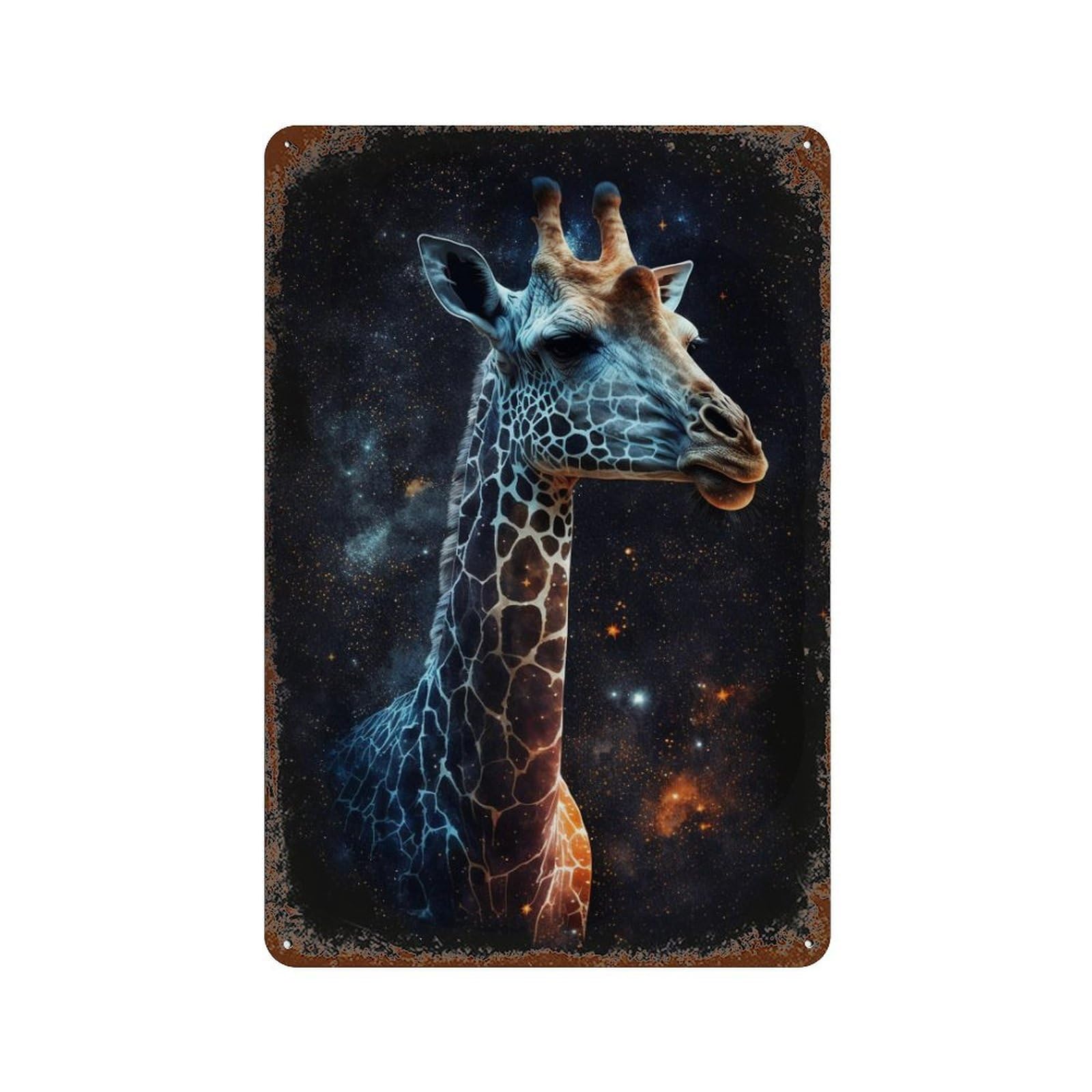 Rust Effect Giraffe in Space Art Print-3 Aged Metal Wall Plaque 11.8"x7.9", Shabby Chic Decor for Living Room, Hallway And Home Decor