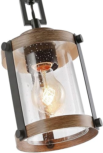 Miniatura 8 de LOG BARN Iluminación colgante para isla de cocina, mini lámpara de granja en metal de madera sintética con pantalla de vidrio burbujeado, accesorio