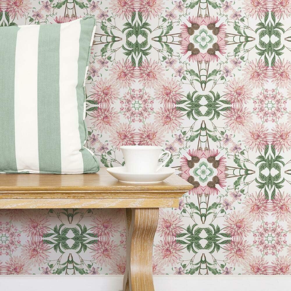 RoomMates RMK11461RL Pink and Green Cottage Garden Kaleidoscope Peel and Stick Wallpaper