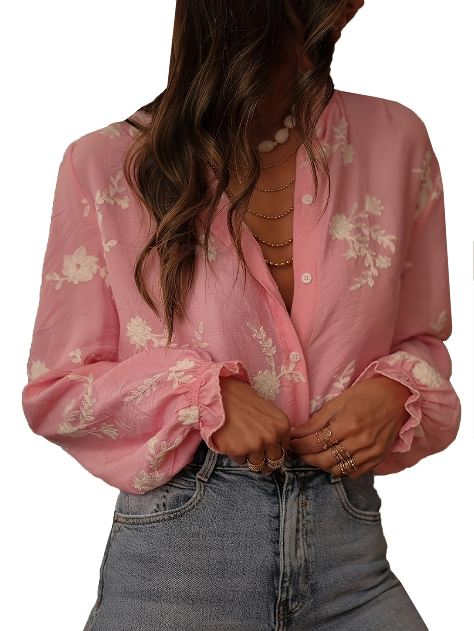 Chemises pour Femmes À Boutons Manches Longues Blouse en Chiffon Brodée De Fleurs Hauts