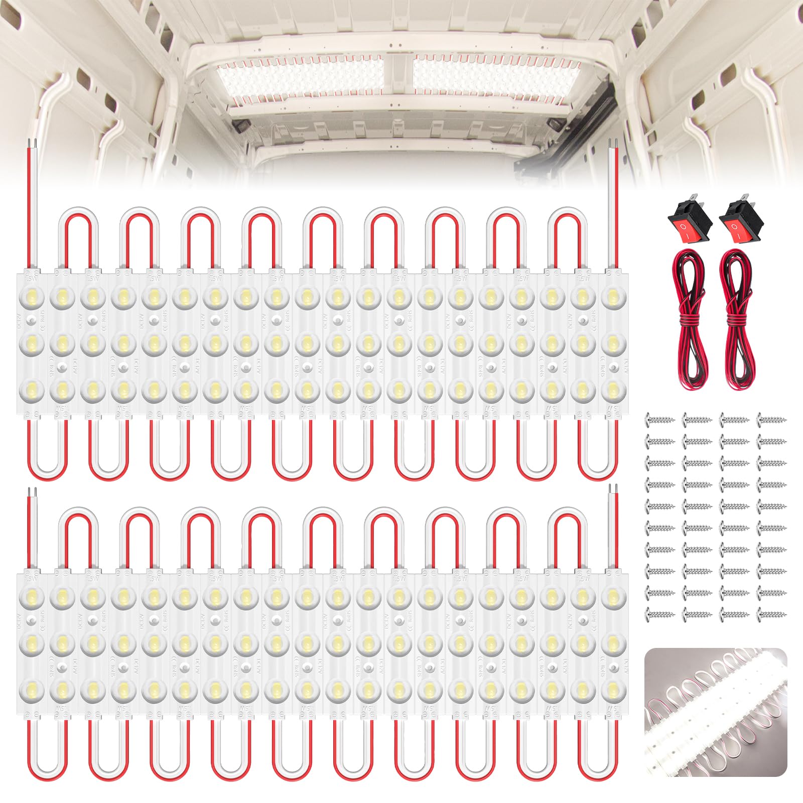 Kit 120 LED 12V Voiture Fourgon Caravane – 40 Modules Blancs Étanches – Éclairage Intérieur & Extérieur Puissant