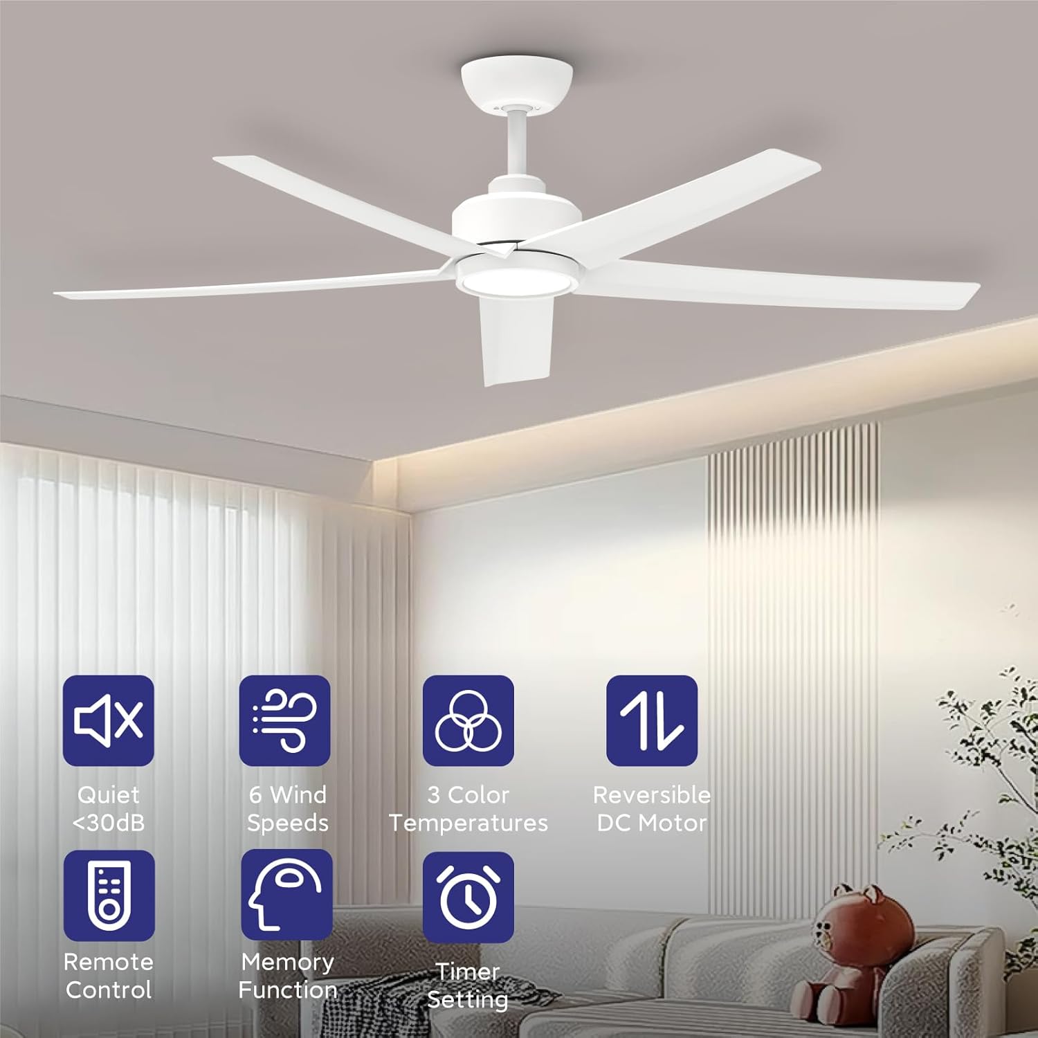 ocioc ceiling fans with lights, 52 inch white ceiling fan with light and remote control, 3cct, quiet dc motor, 5 blades modern ceiling fan for living room indoor/covered outdoor white 52 inch 1